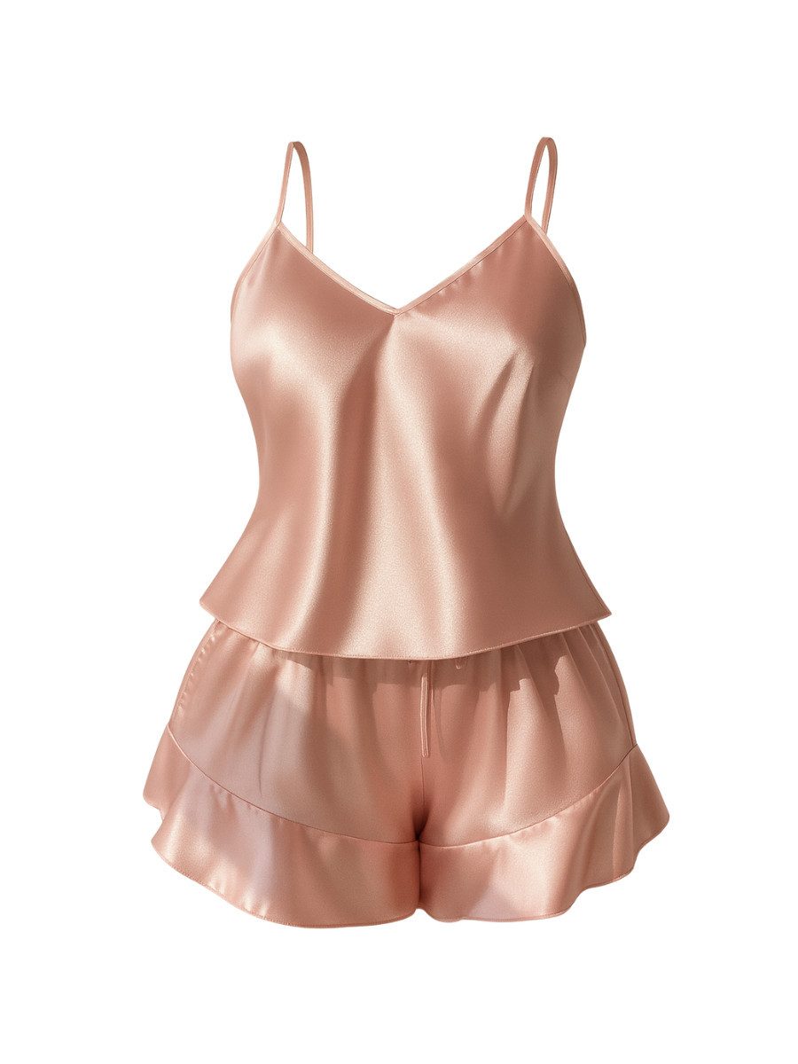 Elegant Love Shorty Damen Satin Pyjama Set – Sexy Nachtwäsche & Elegante Loungewear (Set, 2 tlg., V-Ausschnitt Cami-Top + Shorts) Sinnliches Homewear-Set – Rückenfreier & stilvoller Schlafanzug
