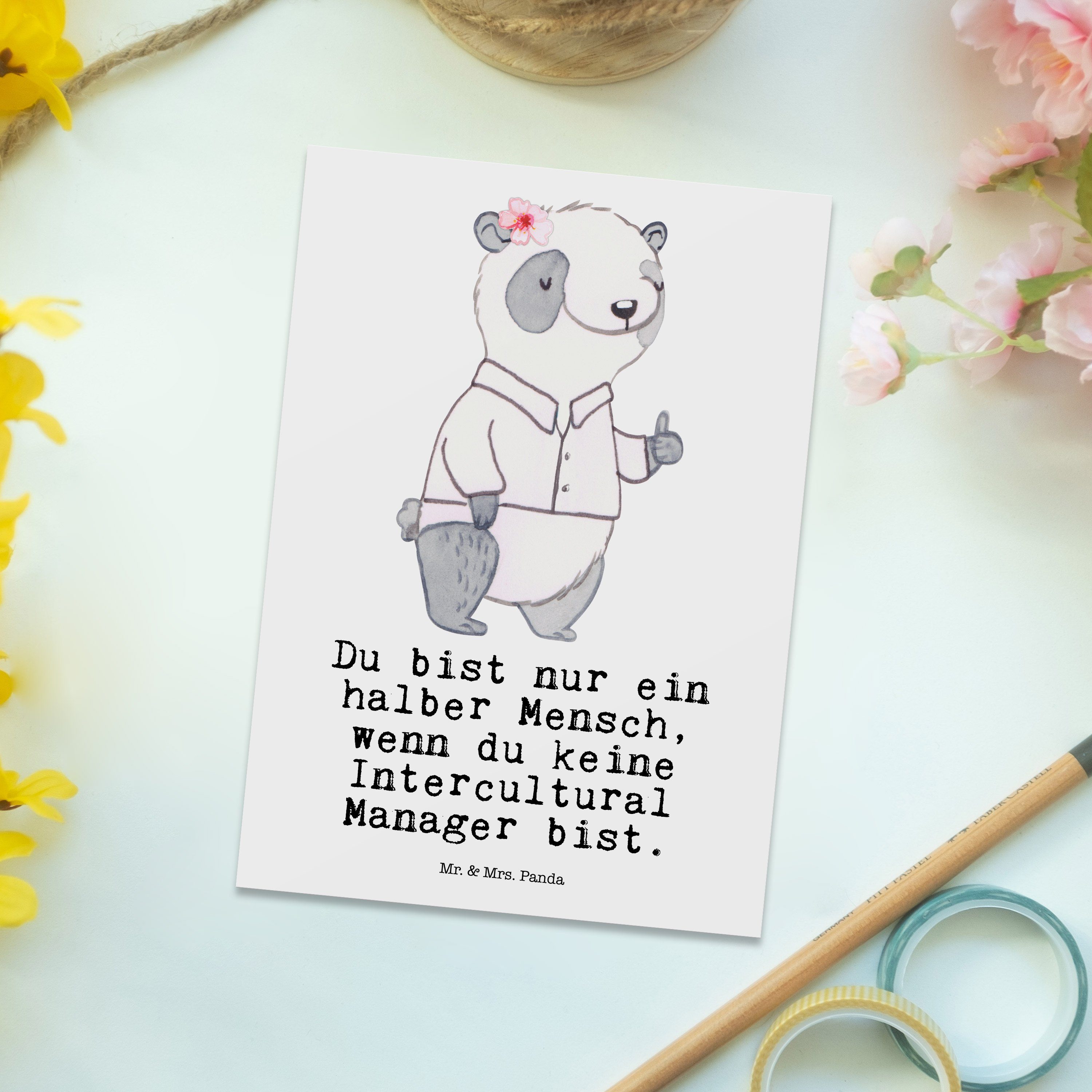 - Postkarte Rente Mrs. & Manager mit Mr. Weiß Geschenk, Intercultural Panda Herz - Dankeskarte,