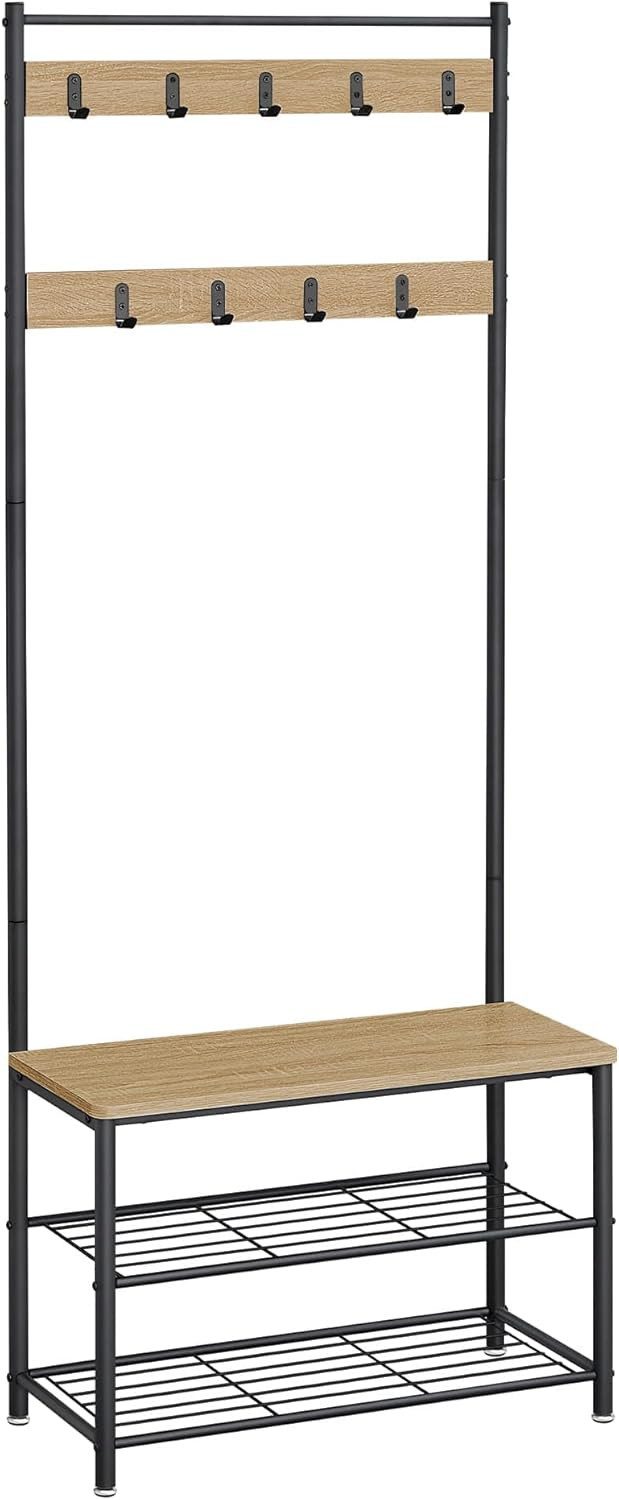 Best for Home TV-Rack Garderobenständer mit Sitz & Schuhablagen – Sonoma & Schwarz (Einzelartikel, 1 St., Einzelartikel), Sitzbank integriert, platzsparend