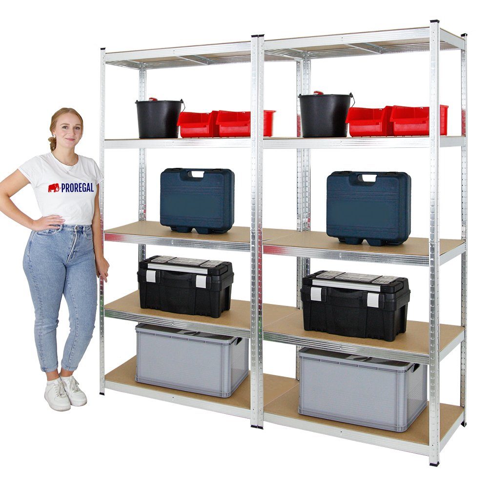 PROREGAL® Schwerlastregal MegaDeal 2x Kellerregal GORILLA 200x100x50cm Fachlast 175kg Verzinkt, Garagenregal Werkstattregal Lagerregal Lastenregal mit 5 MDF-Fachböden