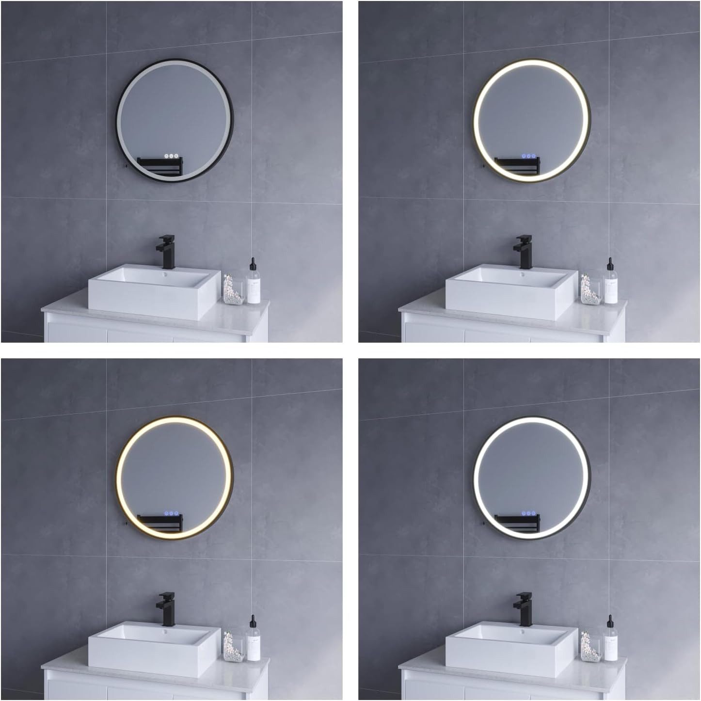 AQUABATOS Badspiegel Lichtspiegel 60x60cm 80x80cm Rund mit Beleuchtung Bad Spiegel (Wandspiegel), Beschlagfrei, 3 Lichtfarben, Dimmbar, Memory-Funktion, IP44, Touch