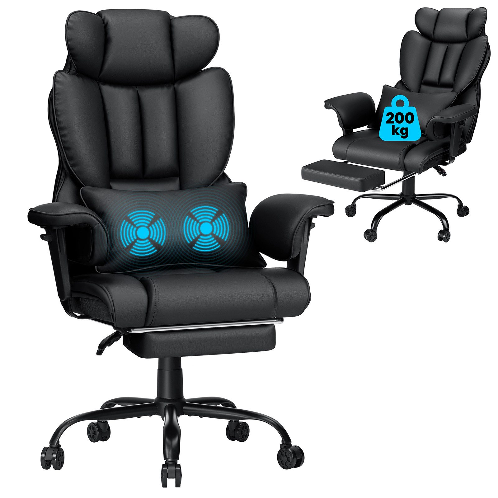 Insma Bürostuhl Ergonomischer Drehstuhl Chefsessel mit 2‑Punkt‑Massage‑Lendenkissen (verstellbaren Armlehnen und Fußstütze), Gaming-Stuhl Schreibtischstuhl PVC-Kunstleder, bis 200kg belastbar
