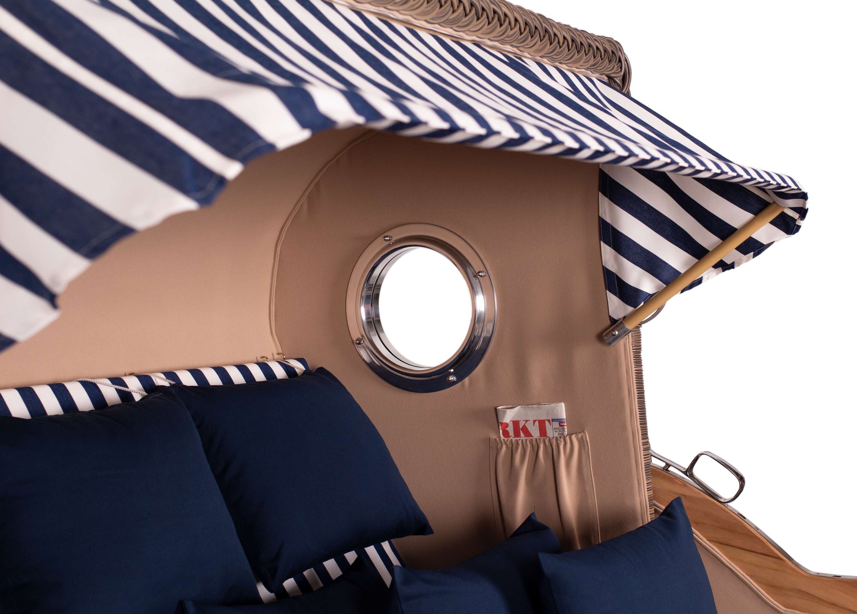 MR.DEKO Strandkorb Komplett-Set Düne Grande XXL Teak Dreisitzer Volllieger Blau/Weiß, BxTxH: 170x95x170 cm, Volllieger, Düne Grande XXL, (Luxus Strandkorb XXL, 4-tlg., Strandkorb inkl. Aero Protect, Rollen & Lifter-Set), Wetterfester 3-Sitzer, inkl. Lifter, Rollen & Haube, fertig montiert