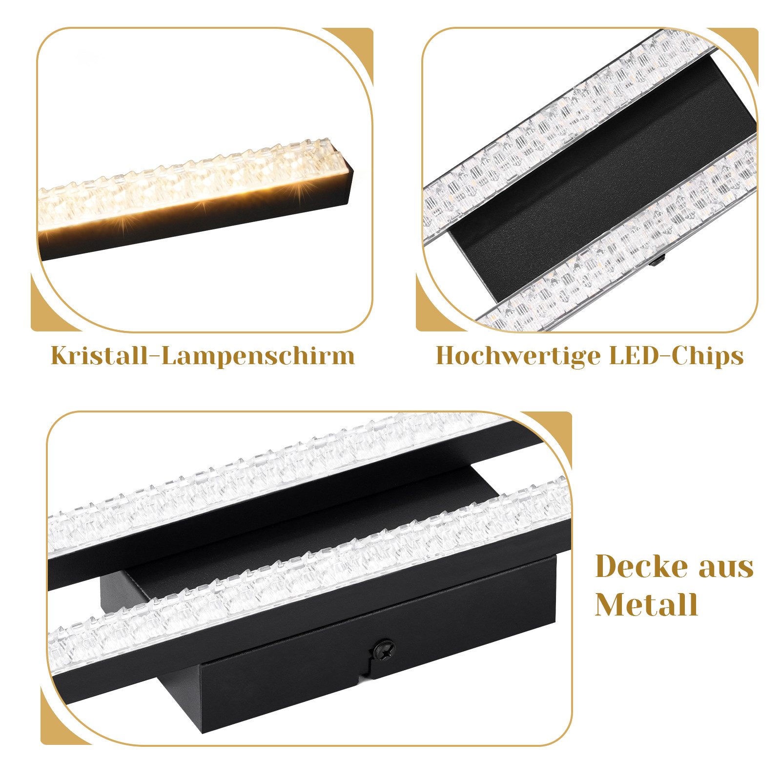 Nettlife LED Deckenleuchte Flur Wohnzimmer Schwarz modern Kristall Deckenlampe 12/24W, LED fest integriert, Warmweiß, Kristall 61*7*4 cm für Wohnzimmer Flur Sch – Bild 4 von 5