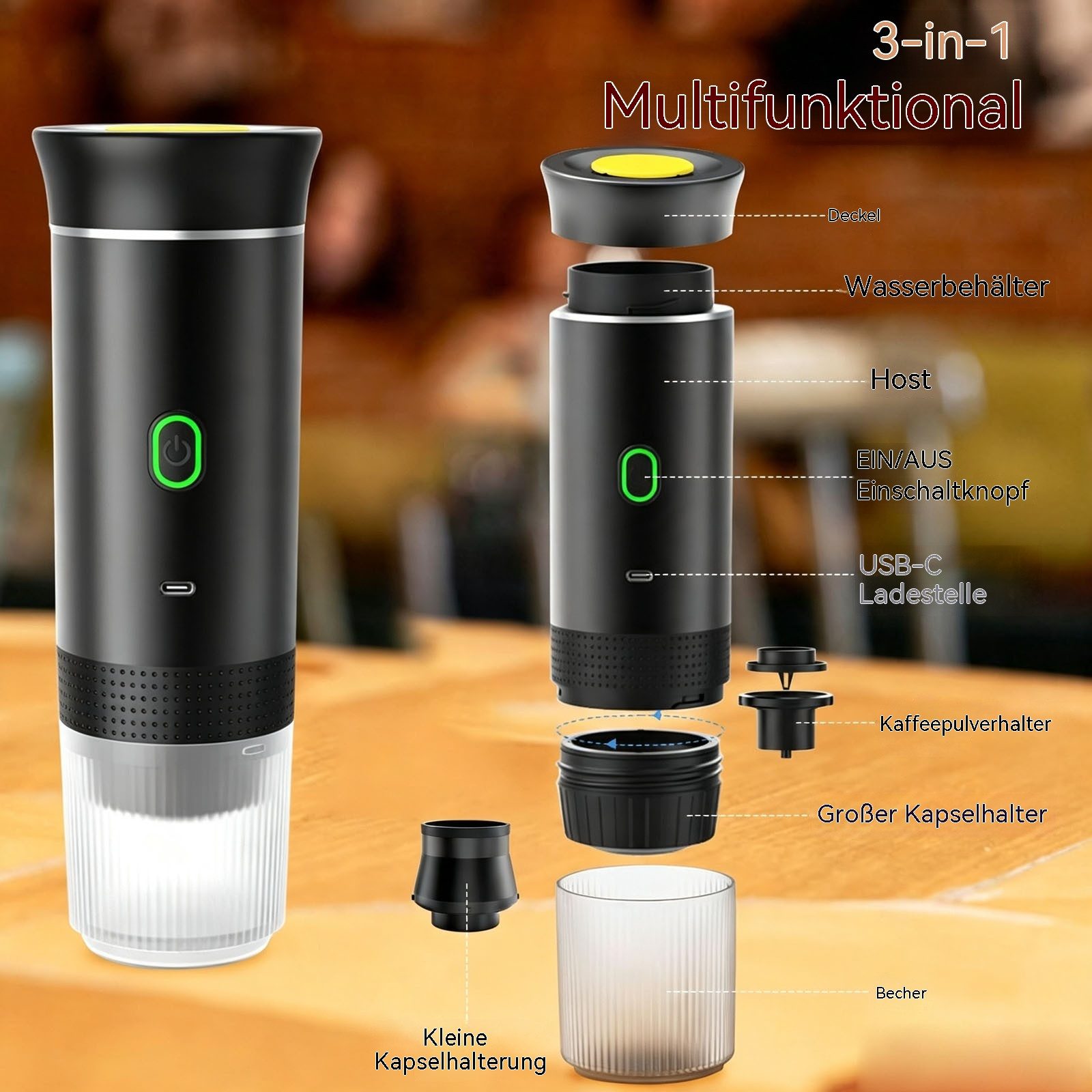 Topcony Reisekaffeemaschine Tragbare Espressomaschine für Kapseln/Pulver/Tee, 0.06l Kaffeekanne, Kompatibel mit kapsel und gemahlener Kaffee