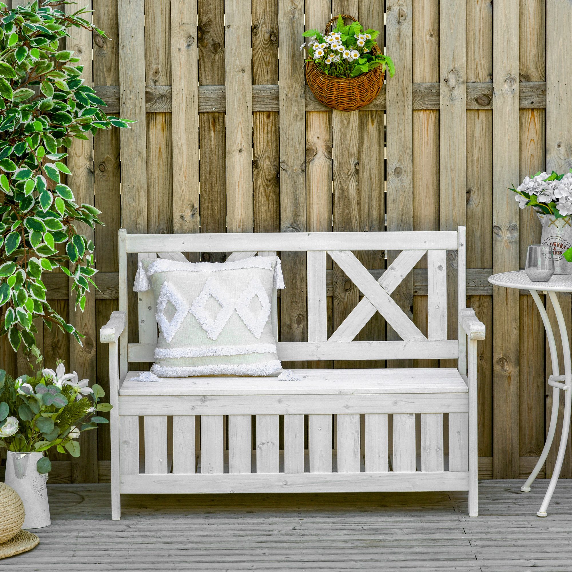 Outsunny Bank 2-Sitzer Truhenbank Kissentruhe Aufbewahrung (Gartentruhe, 1-St., Sitzbank mit Stauraum), Weiß 115 x 61 x 85 cm
