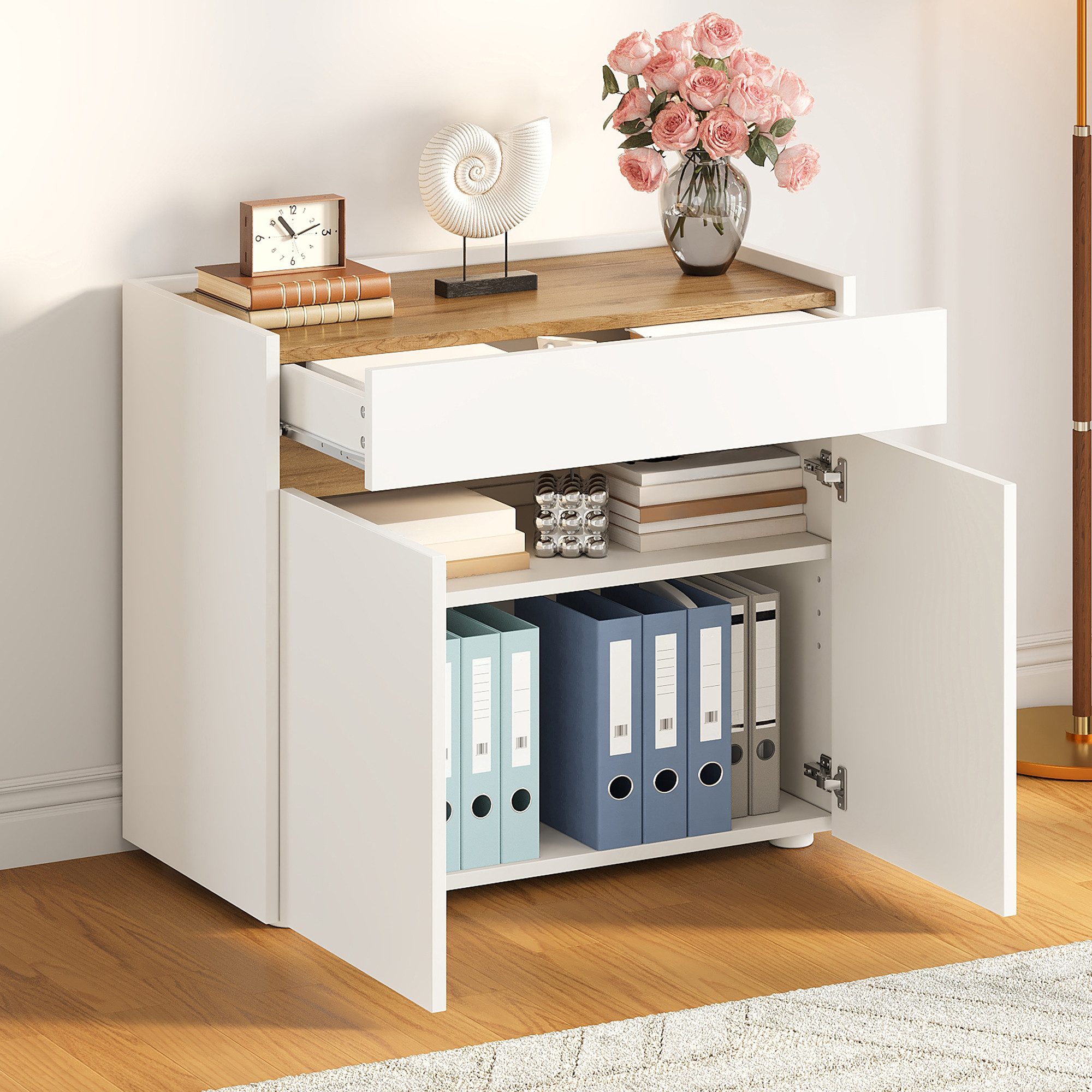 Flieks Aktenschrank mit Arbeitsplatte in Holzoptik Natur, 1 großer Schublade, 2 Türen (80x40x70 cm, 1-St) Mehrzweckschrank Bücherregal mit verstellbare Einlegeböden Weiß