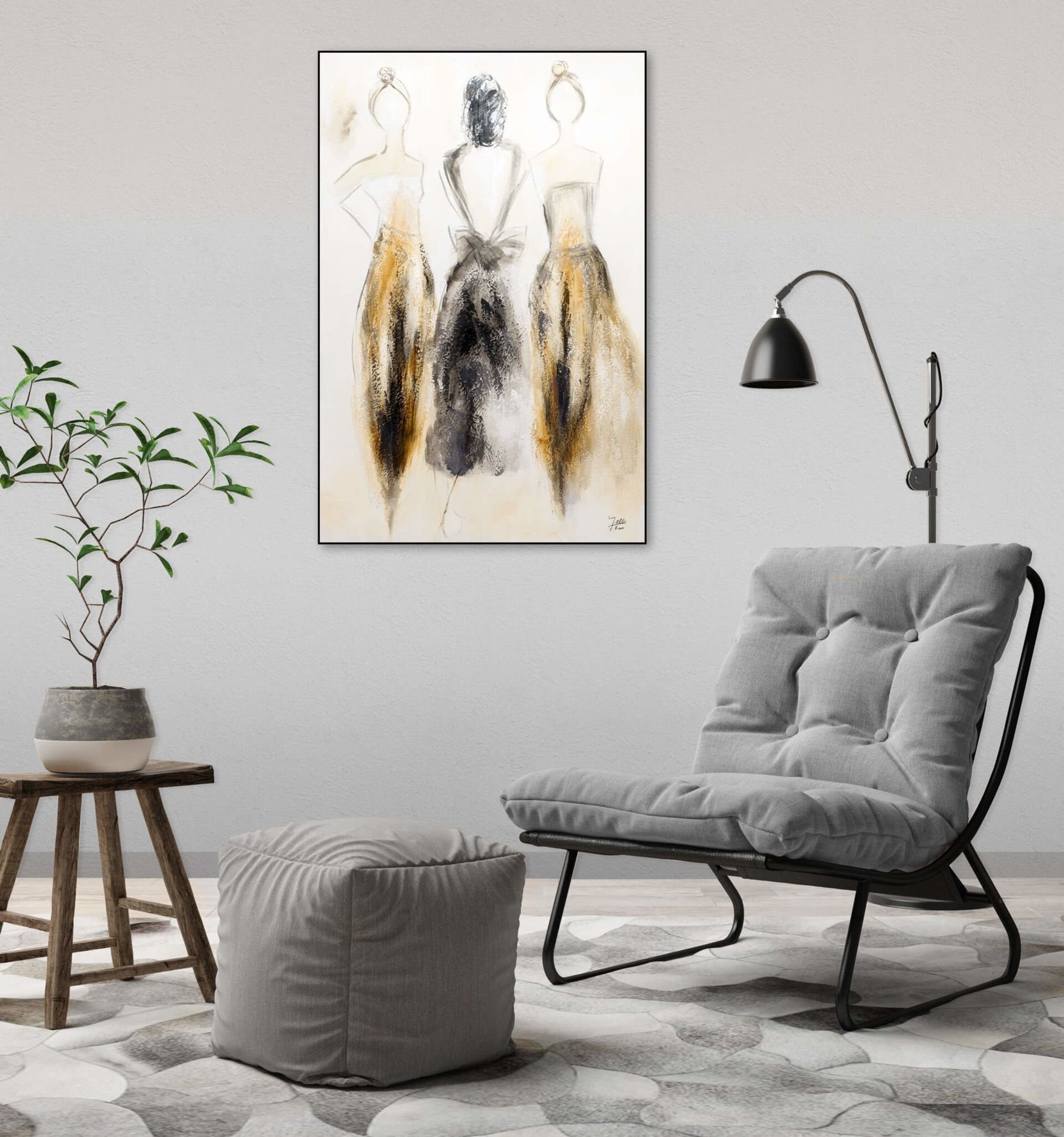 KUNSTLOFT Gemälde 100% 60x90 cm, Traumtänzerinnen Wandbild Wohnzimmer HANDGEMALT Leinwandbild Trio