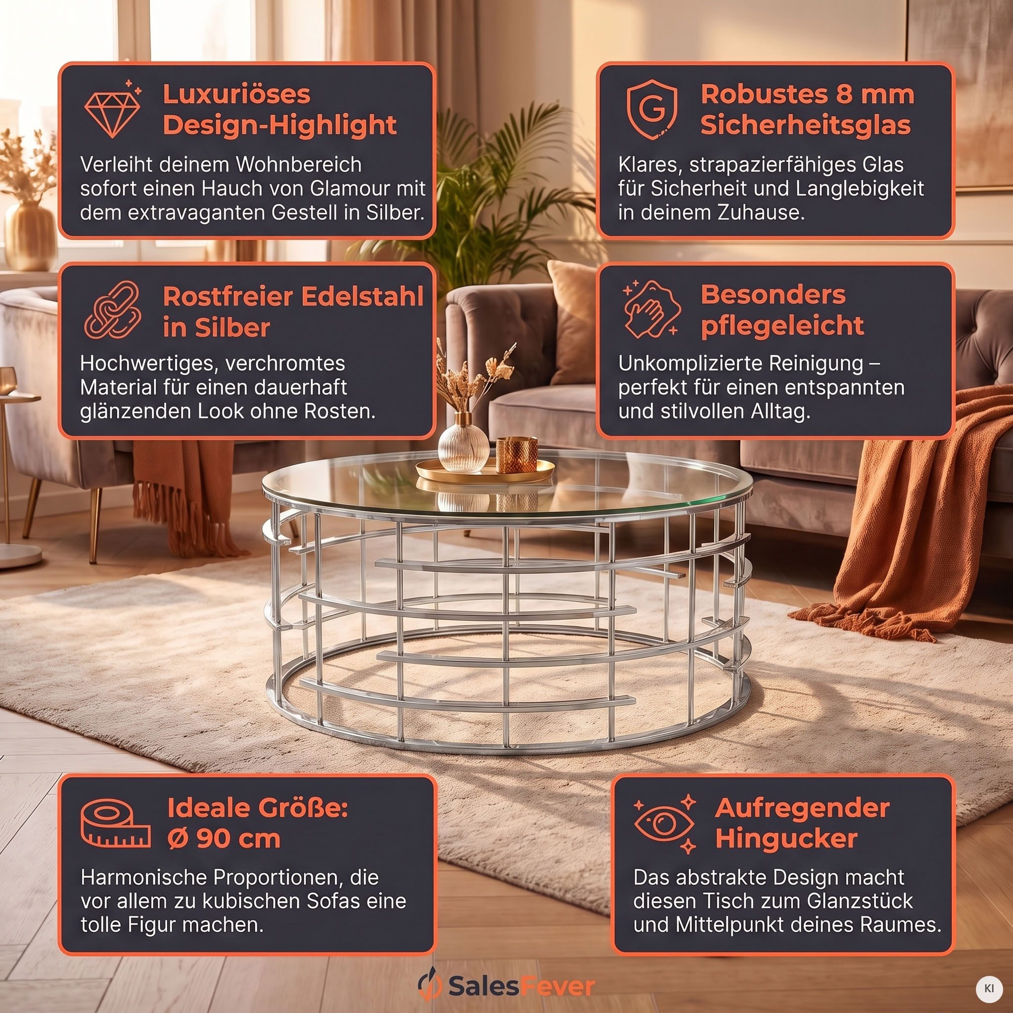 SalesFever Couchtisch Glastisch: Stil und Funktionalität Wohnzimmertisch, Gestell gefertigt aus rostfreiem Edelstahl