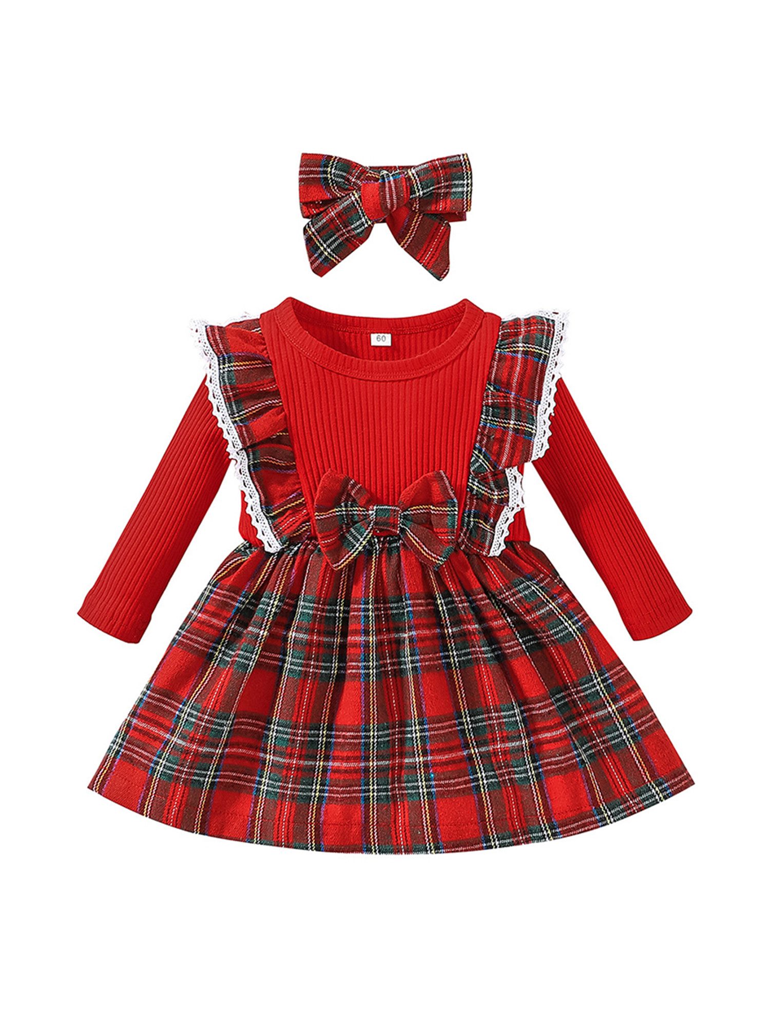 Lapastyle Partykleid Weihnachts Baby-Mädchen Langarm Karokleid mit Rüschen & Stirnband (Set, 2-tlg., 2-tlg) Baby-Spitzenkleid in A-Linie mit Rüschen, Geburtstagsgeschenk