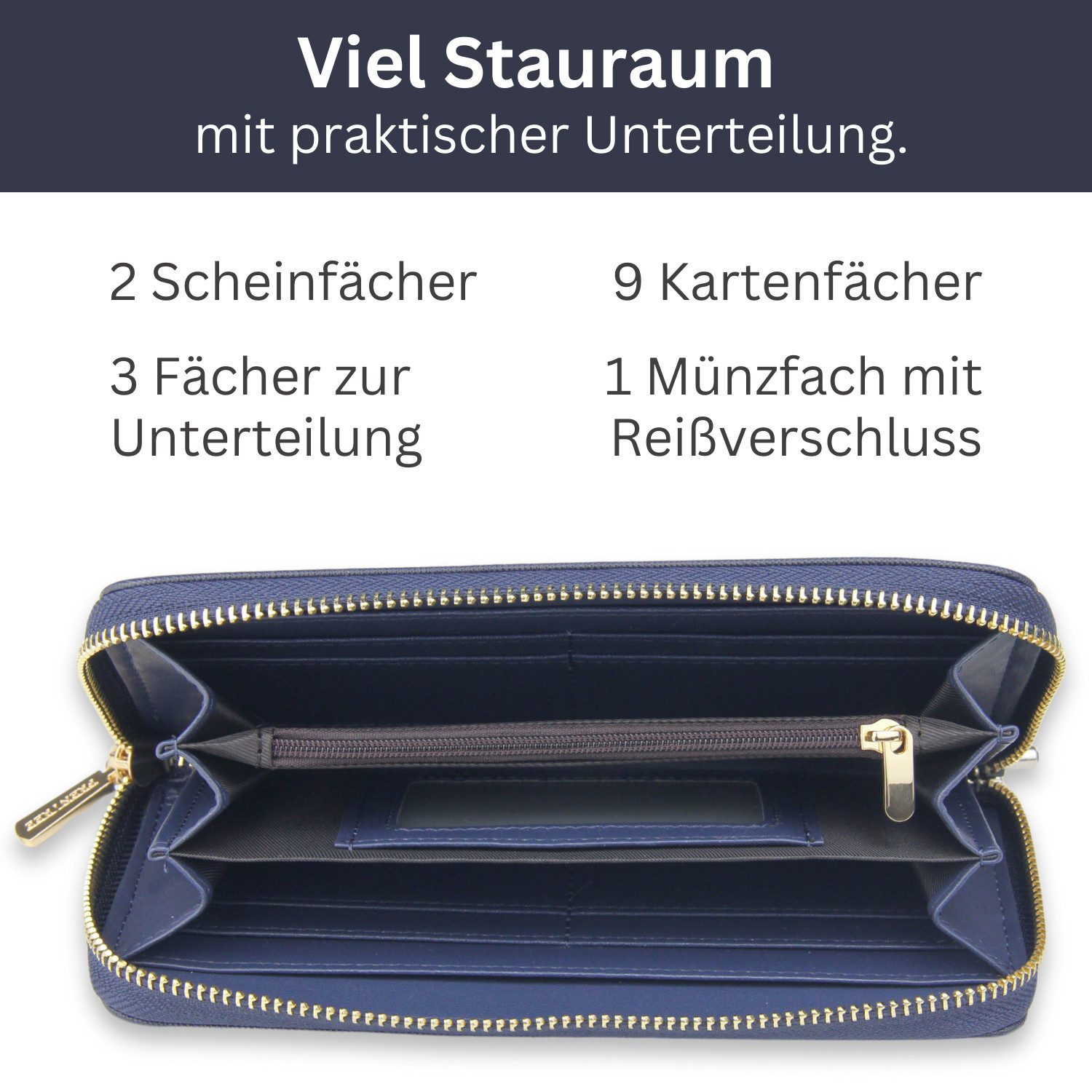 Frentree Geldbörse Damen Portemonnaie mit Rundum-Reißverschluss, 9 Karten, Handyfach, mit 3 große Fächer und RFID-Schutz,inkl. Geschenkbox