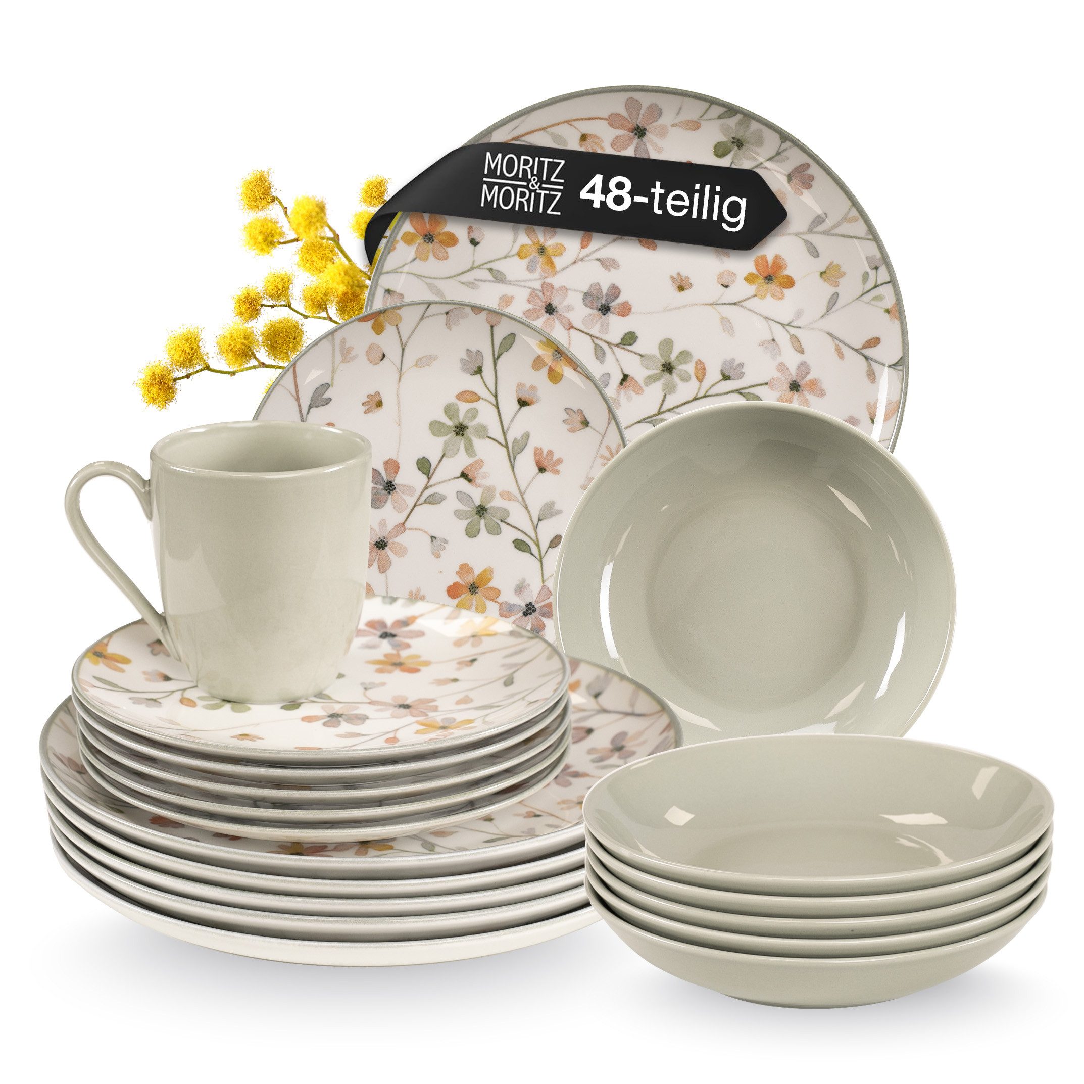 Moritz & Moritz Kombiservice PRIMAVERA Kombi Service 48-tlg (48-tlg), 12 Personen, Steinzeug, Geeignet für Spülmaschine & Mikrowelle