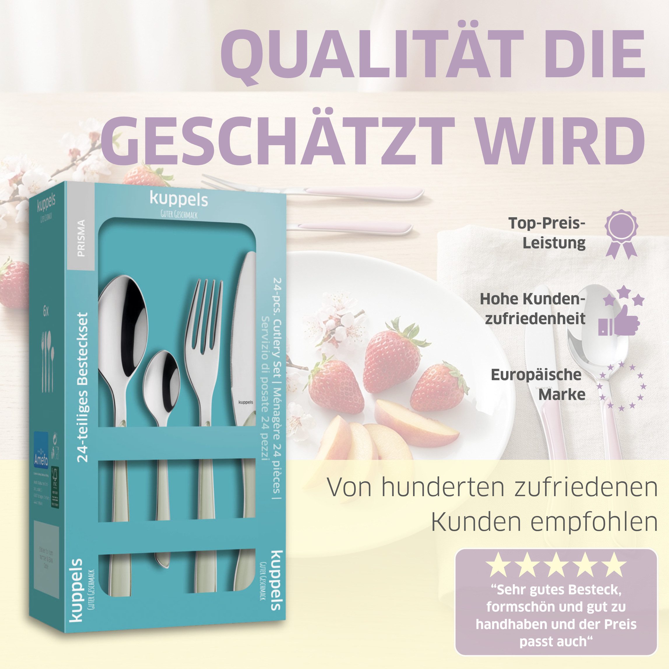 Kuppels Besteck-Set PRISMA (24-tlg), 6 Personen, Edelstahl Rostfrei 18/0, spülmaschinenfest, in salbeigrün, mattiert – Bild 4 von 5