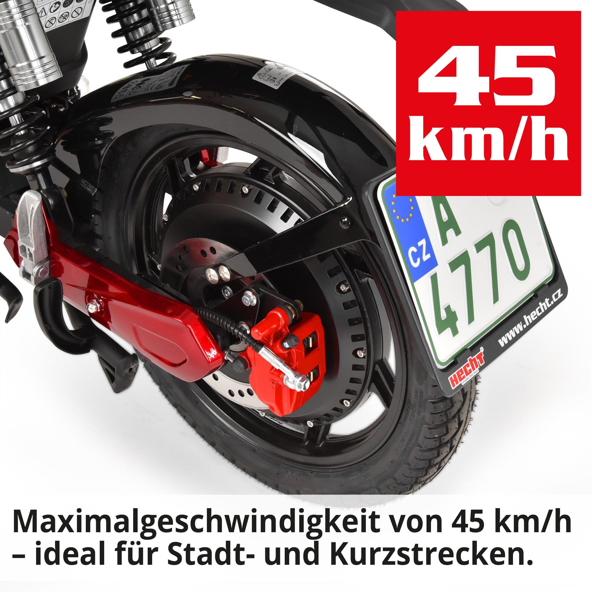 Hecht E-Mofaroller BETIS RED 48V Akku entnehmbar 40 km Reichweite Scheibenbremsen, 900 W, 45 km/h, Pedalantrieb, Gasdruckfederung, Funkschlüssel, Staufach