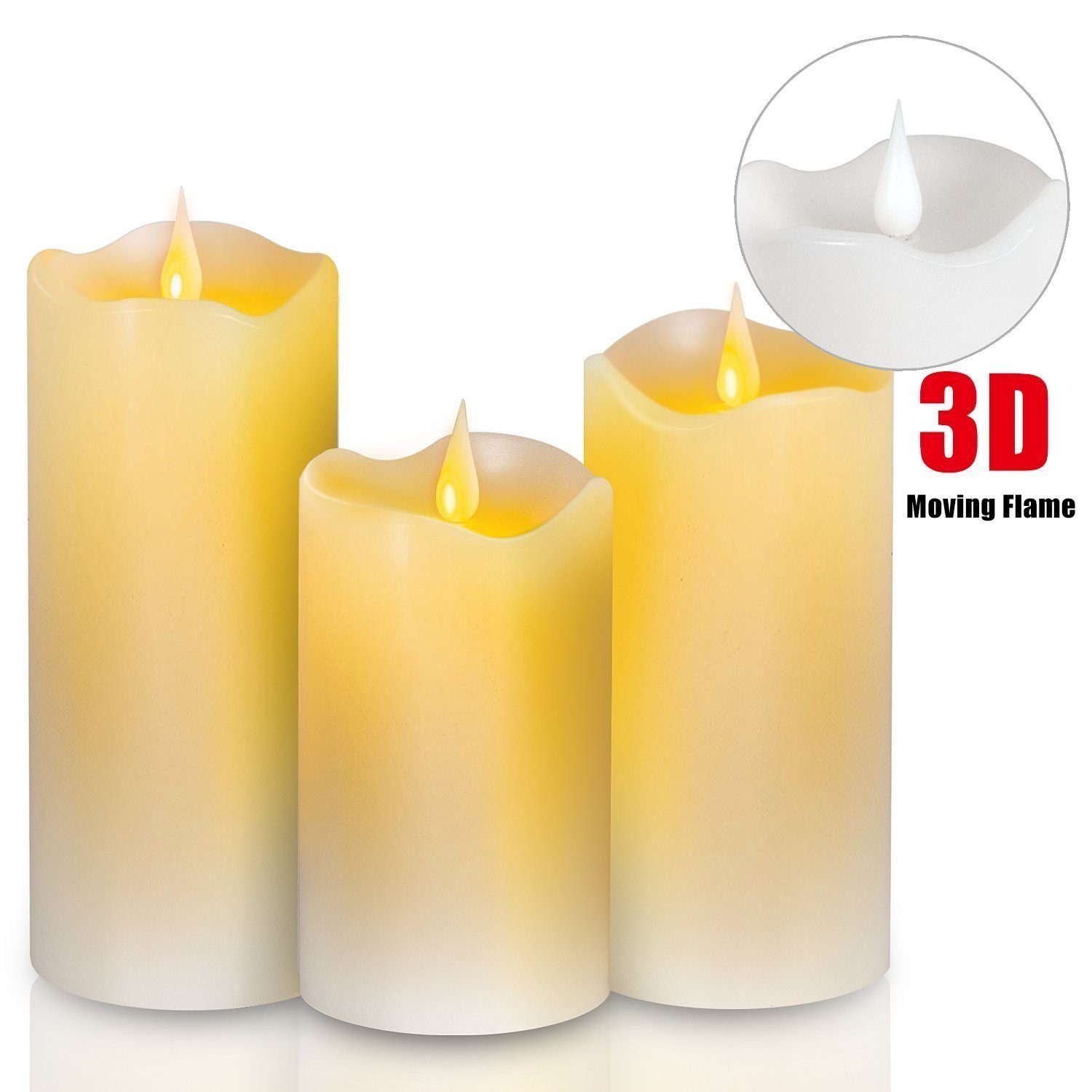 Gotoll LED-Kerze »CHN3D3-new« (3-tlg), 3D Flammenlose Kerzen Weinachten  Kerzen Wachskerze,Dekorations-Kerzen-Säulen im 3er Set.Realistisch  flackernde LED-Flammen