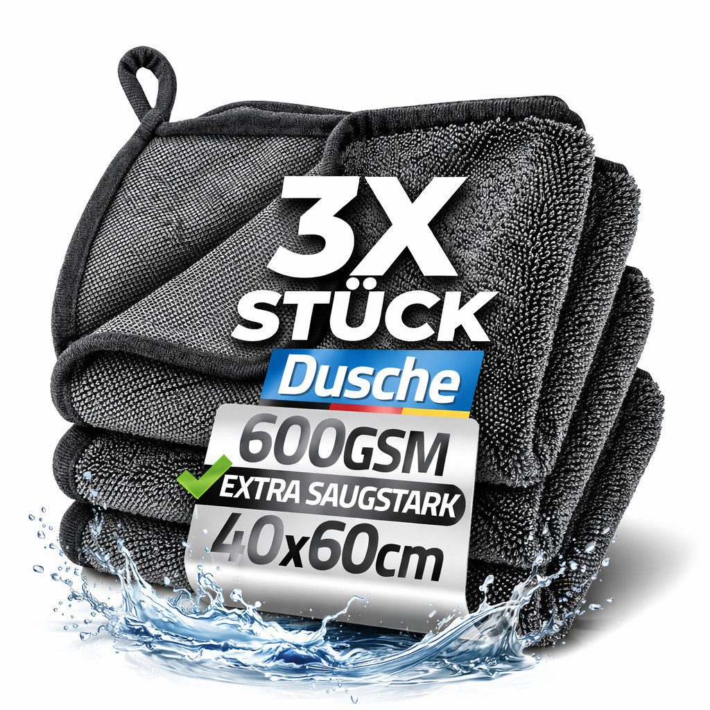 Kemes Trockentuch Dusche 600GSM Microfaser Putztuch für Badezimmer Mikrofasertuch (Mikrofaser, 40x60 cm, Packung, 3x Stück, Extrem Saugstark. Mikrofasertuch für das Badezimmer und Haushalt)