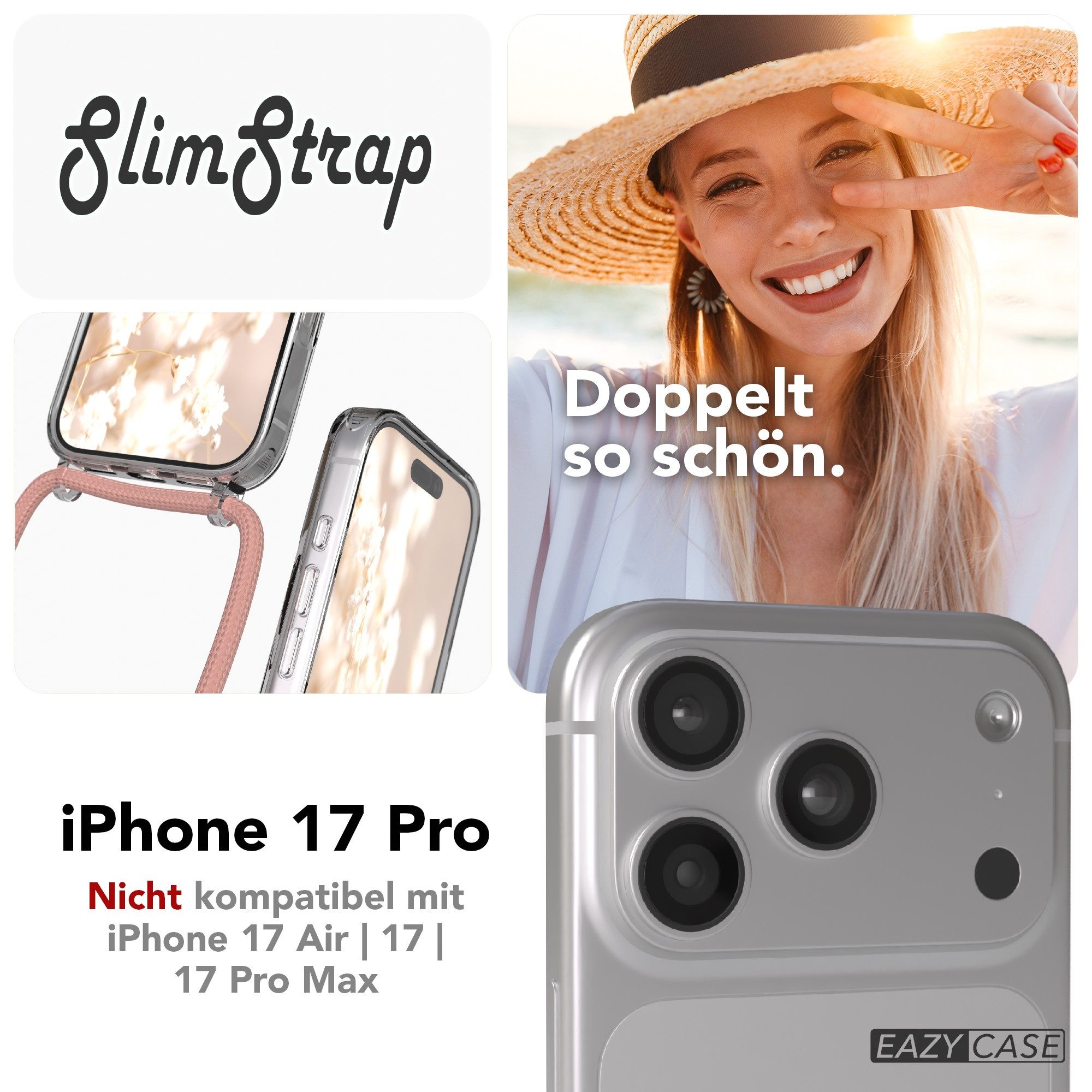 EAZY CASE Handykette mit Magsafe Hülle für Apple iPhone 17 Pro 6,3 Zoll, Ketten Hülle Schultergurt Schutz Hülle mit Magsafe Tasche Band Altrosa