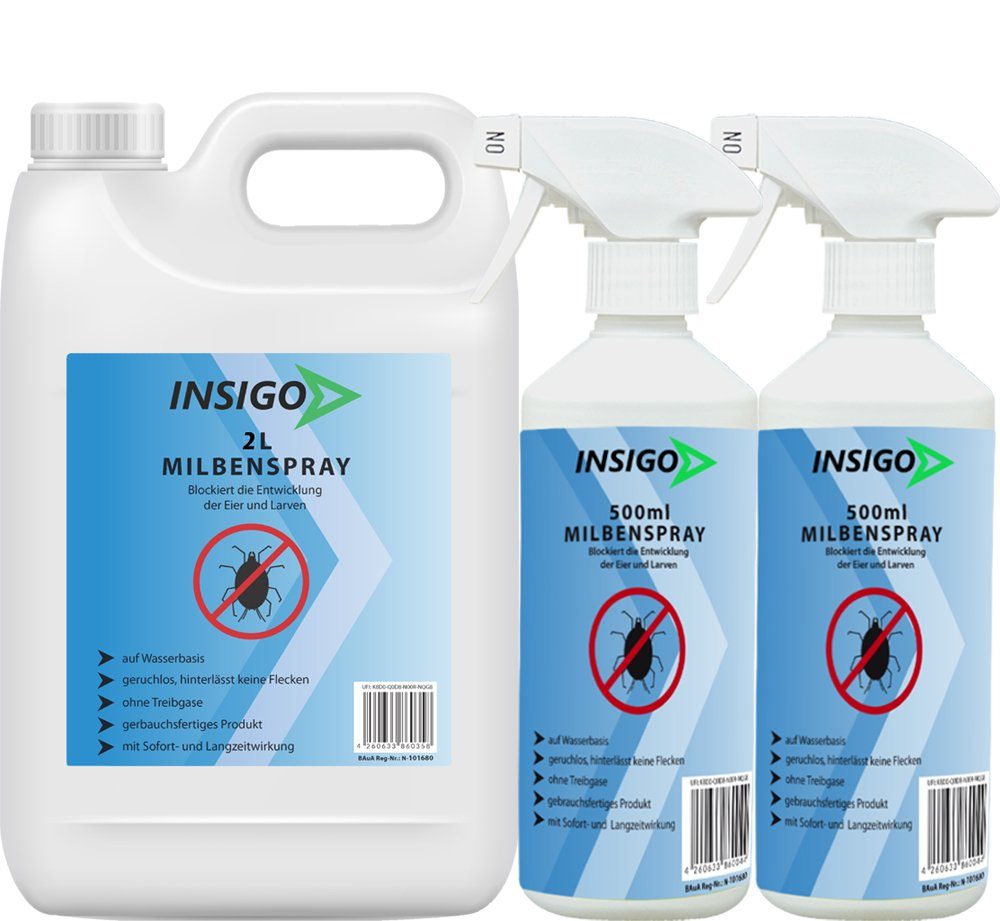 INSIGO Insektenspray Anti Milben-Spray Milben-Mittel Ungezieferspray, 3 l, auf Wasserbasis, geruchsarm, brennt / ätzt nicht, mit Langzeitwirkung