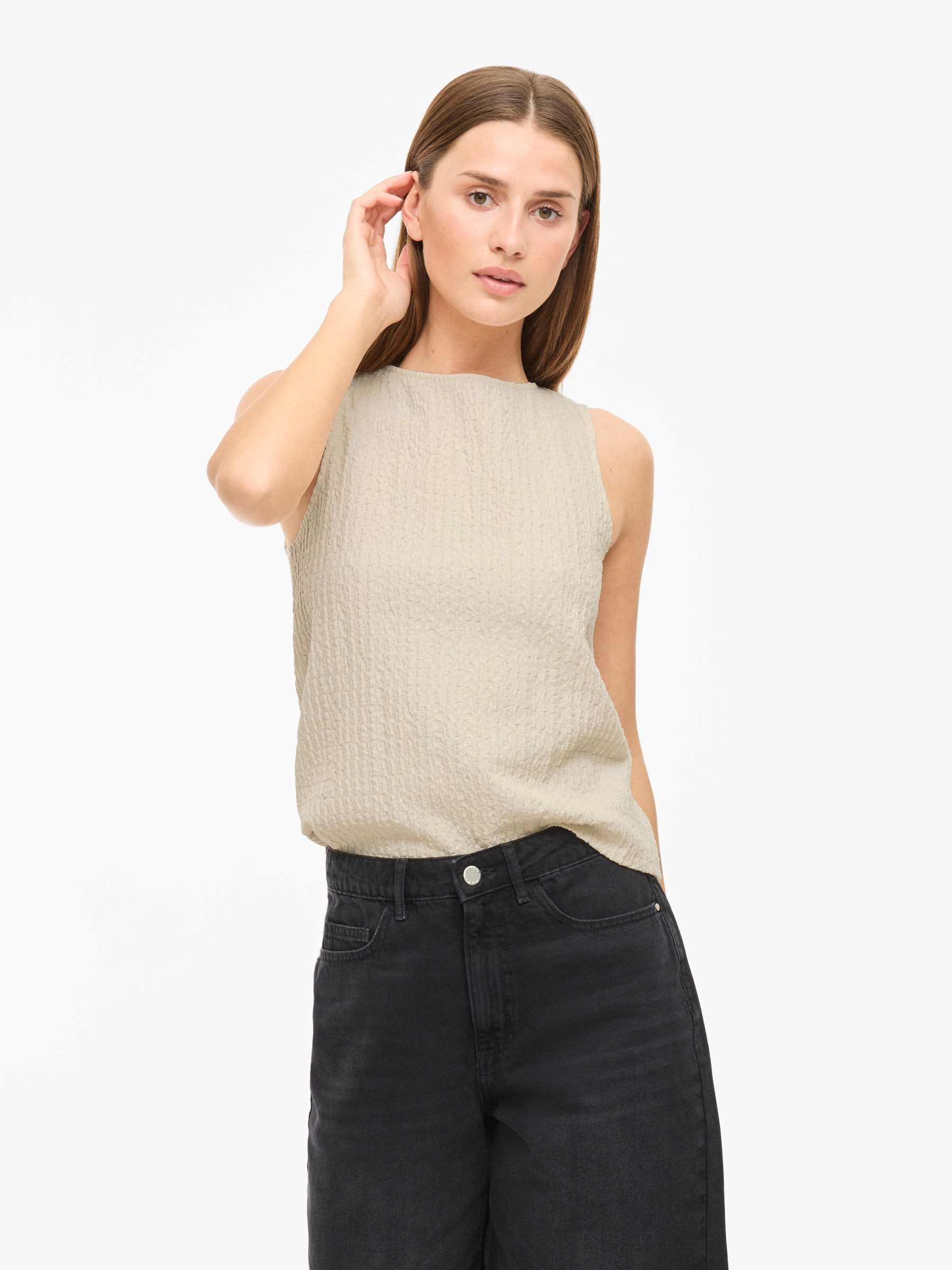 Vila Blusenshirt Ärmelloses Crepe Design, Kragenloser günstig online kaufen