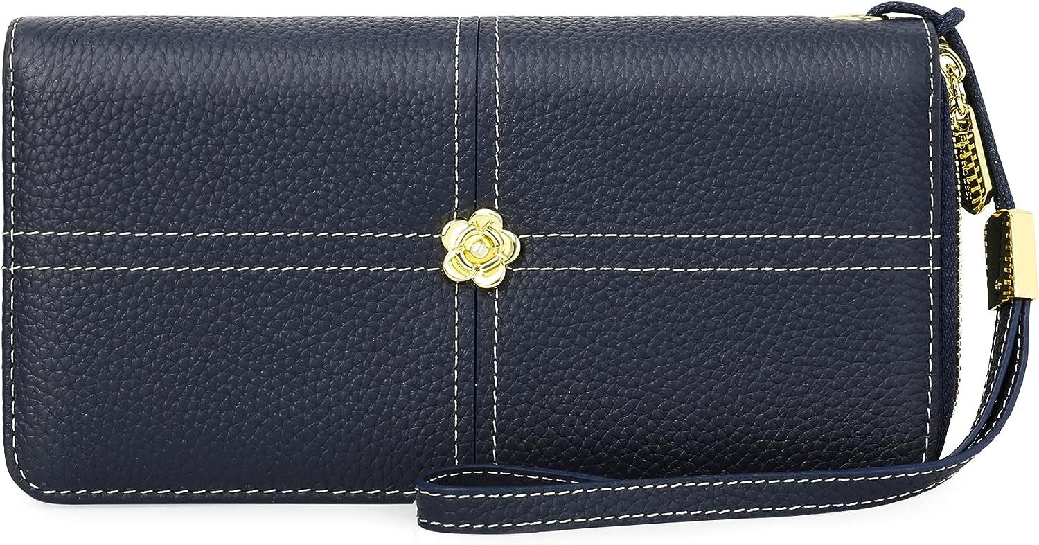 Wallet, Leder Echtleder), (Frauen Slim 19 mit Brieftasche Geldbeutel RFID-Schutz cm Ledergeldbörse Portemonnaie mit Echtes Münzfach 10 NFC x Kartenetui, REDOM Kartenhalter, Lang Handytasche x Portmonee Geldbörse Handtasche Groß Damen Weich Leder 18 Kartenfächer, Kreditkartenetui, 4,5 Blau