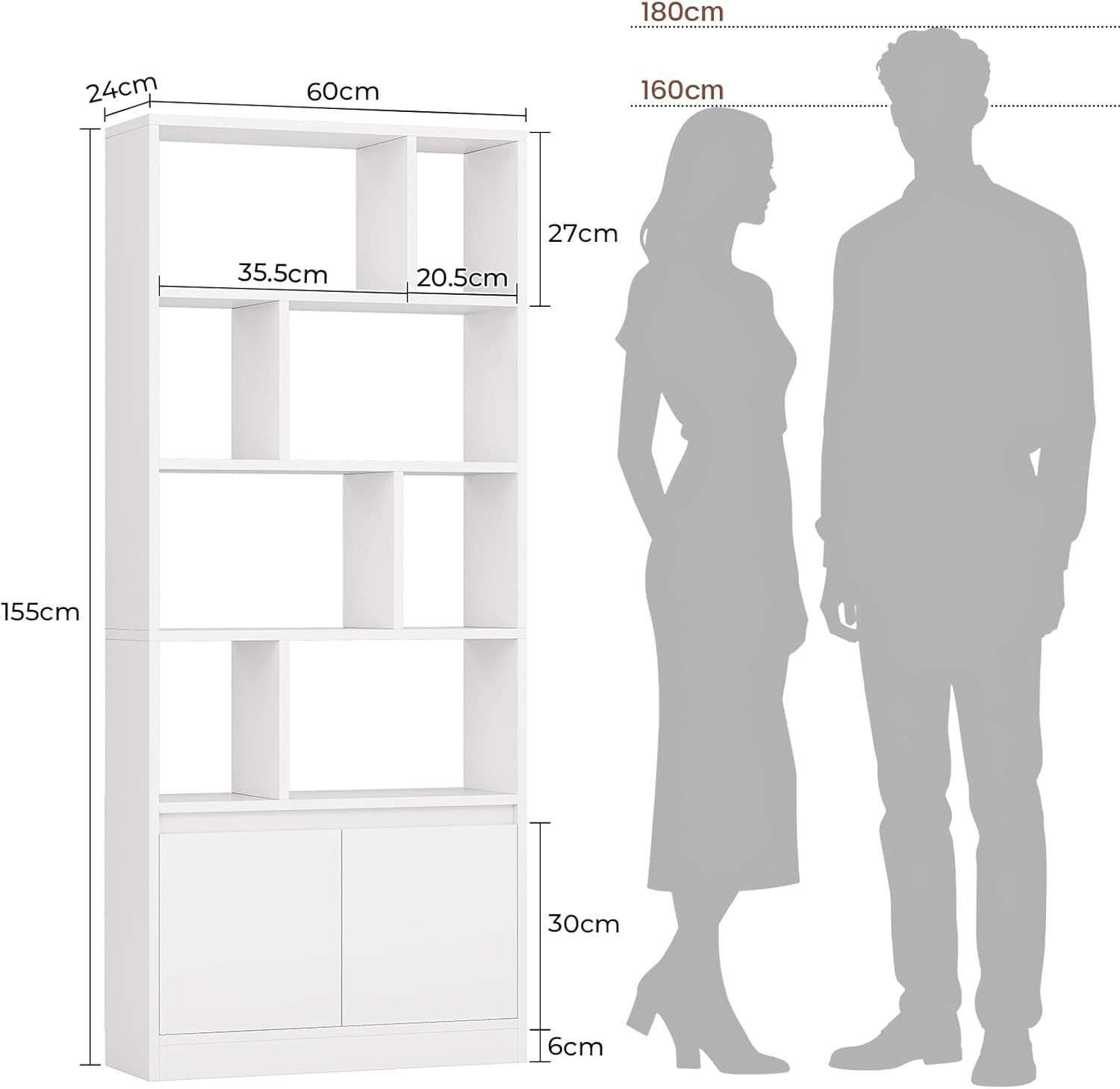 MSMASK Bücherregal Bücherschrank Hoch – 4 Ebenen + offenes Aufbewahrungsregal, 1-tlg., 155x60x24 cm