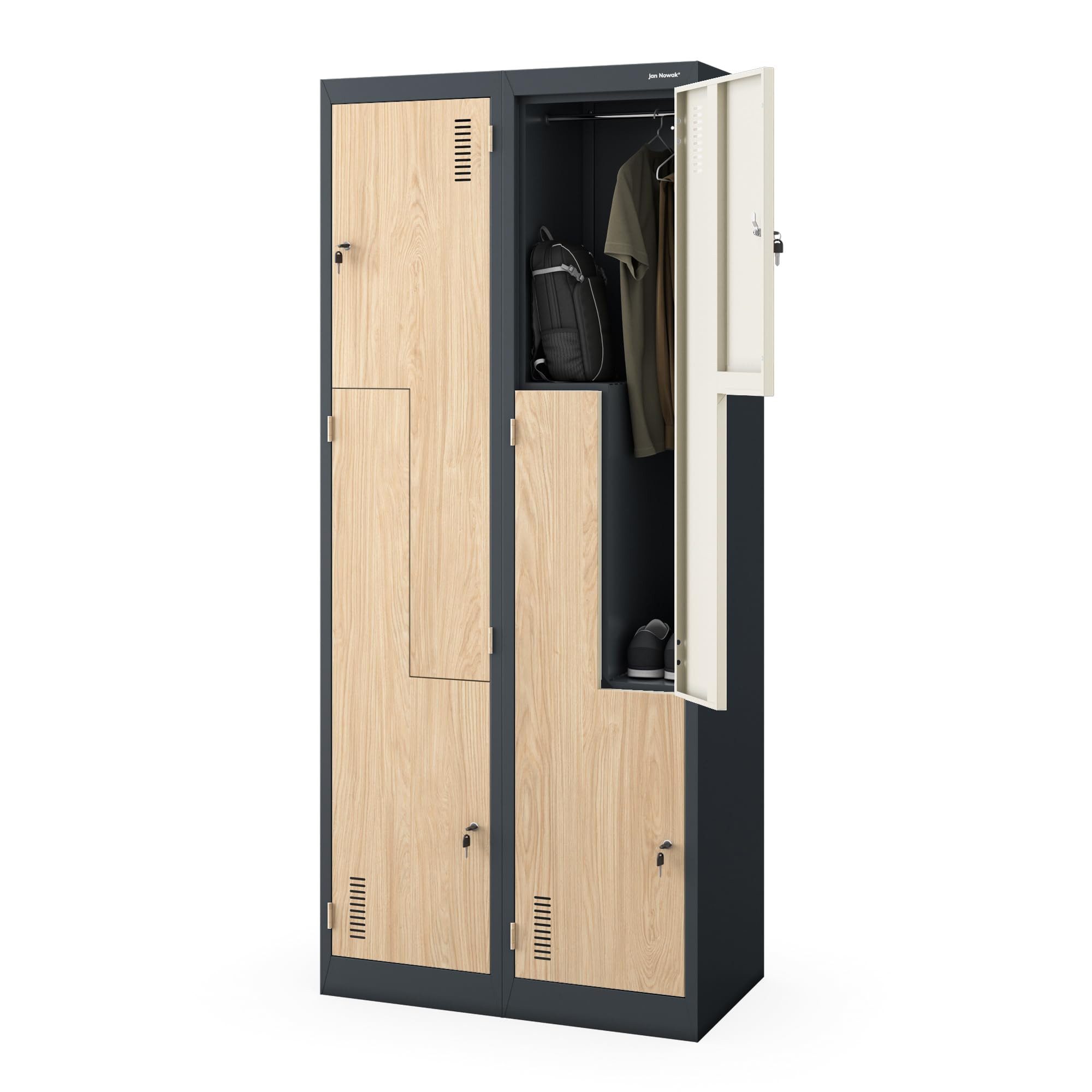 Jan Nowak Mehrzweckschrank Metall Kleiderspind 80 cm JULIA L-Form 4 Fächer abschließbar (Garderobenschrank Spind Umkleide Arbeitsraum Fitness Sozialraum, 0,6 mm 185 x 80 x 45 cm Lüftungsschlitze Wandmontage Stahl) Zylinderschloss je Fach robust langlebig 13 Farben