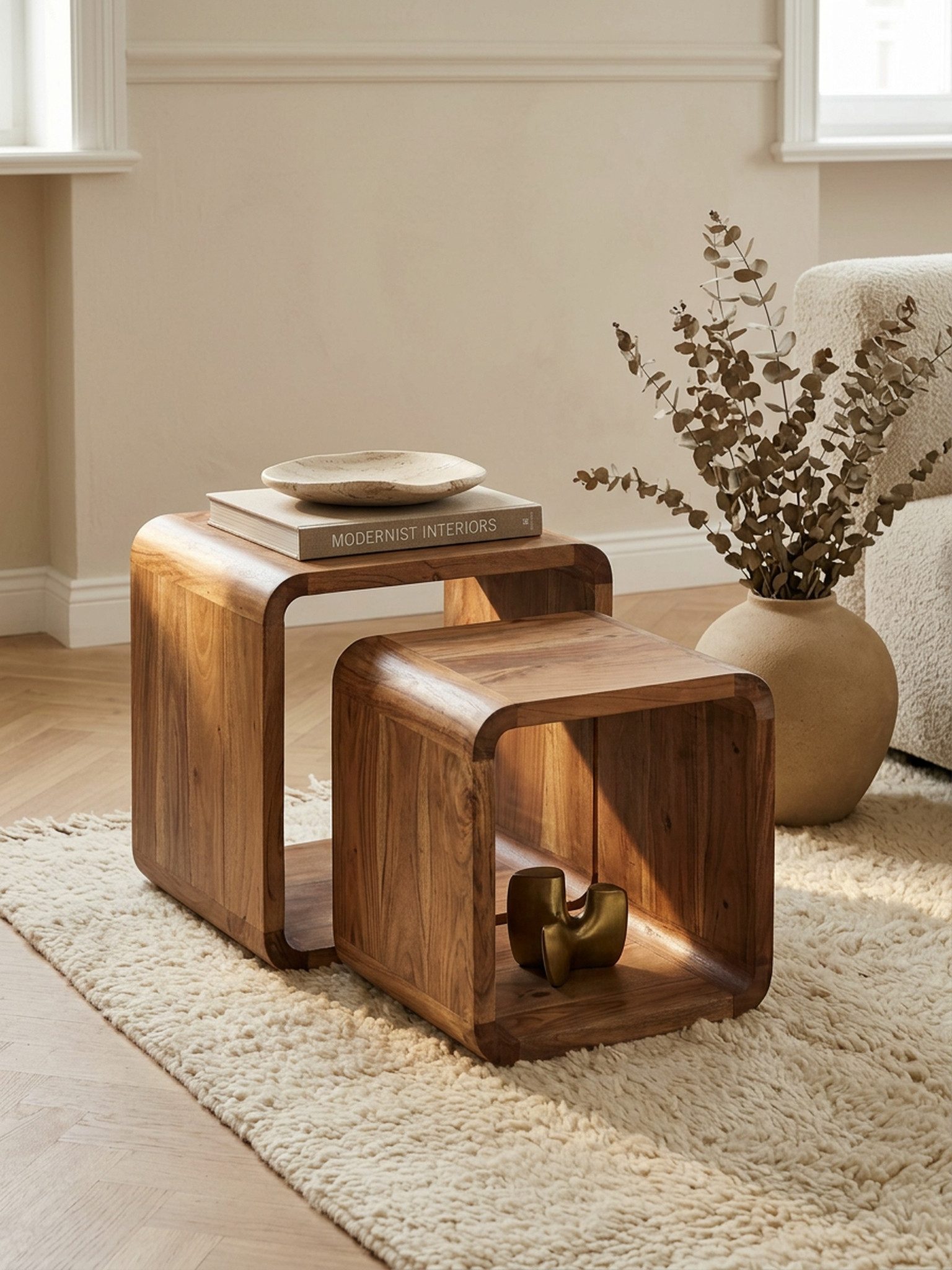 KADIMA DESIGN Satztisch 2er Set Satztisch BOHA Massivholz Design Couchtisch Akazie 2 Tische, (Landhaus Stil, Holztisch Wohnzimmer), Würfelregal-Set Braun, Wohnzimmertisch Massiv, Beistelltische Holz