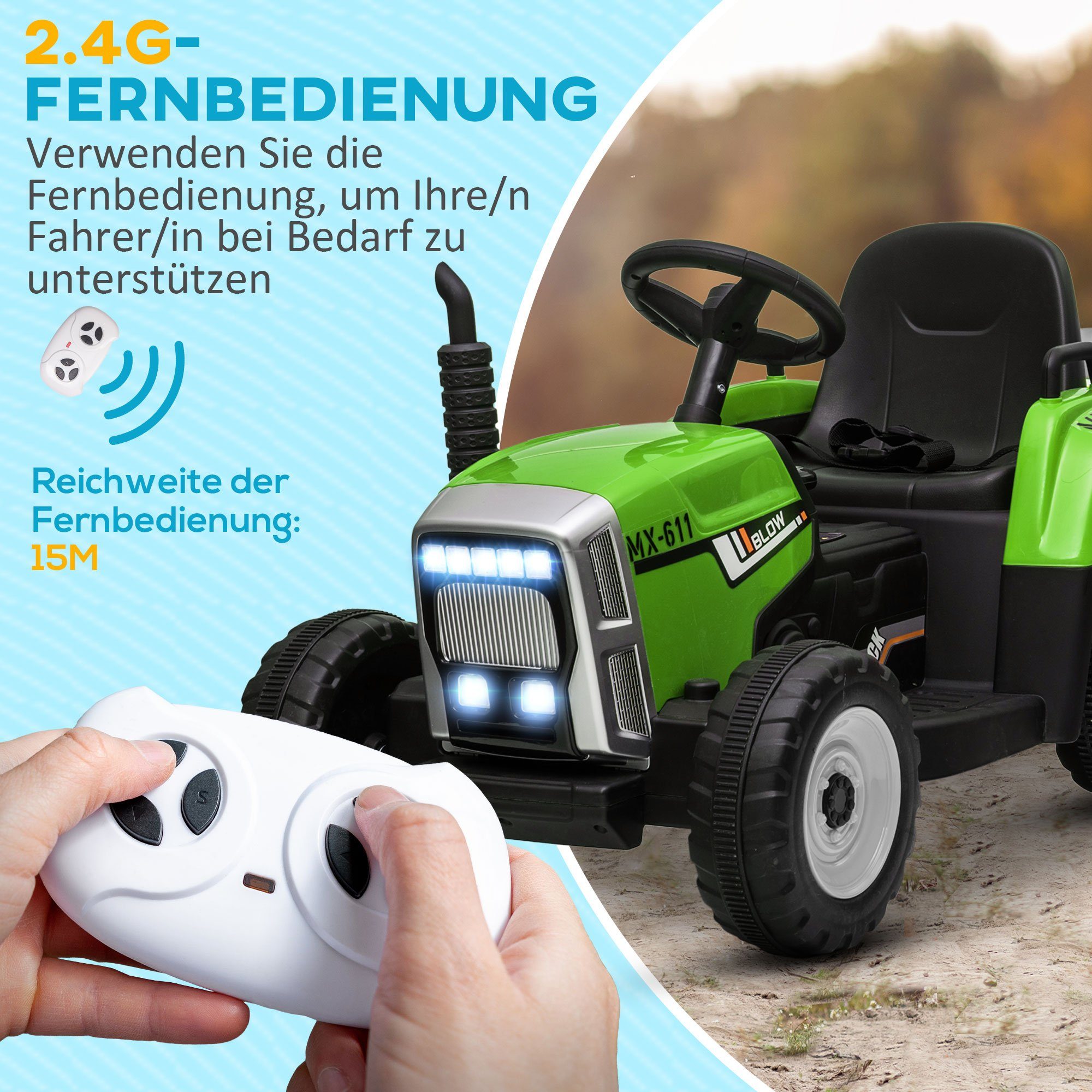 HOMCOM Elektro-Kinderauto Elektrischer Traktor, mit Anhänger, mit Fernbedienung, Belastbarkeit 30 kg, (2-tlg), für 3-6 Jahre Kinder, Grün – Bild 5 von 5