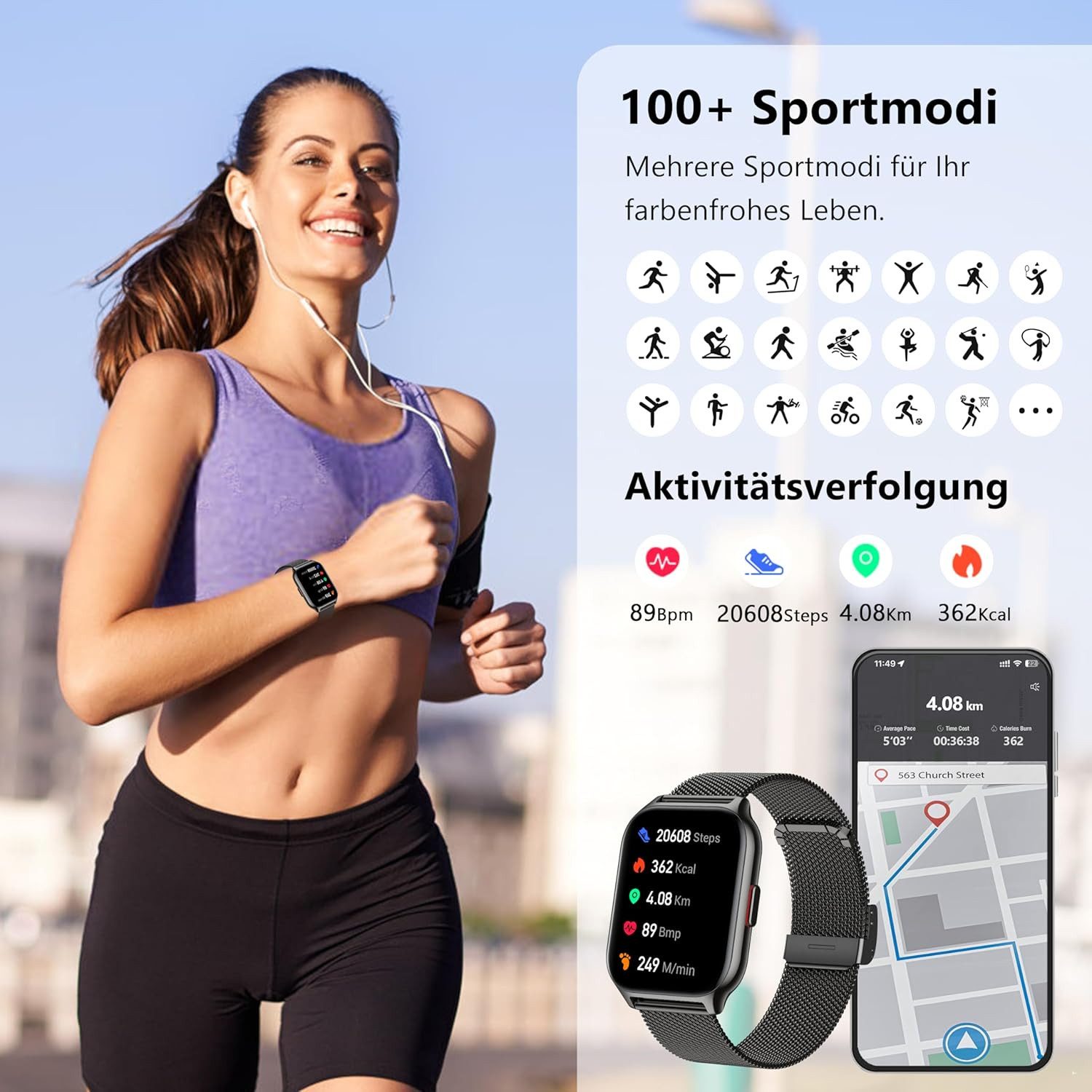 Zevelora Damen's und Herren's Fitness-Tracker Telefonfunktion Smartwatch (5,08 cm/2 Zoll, Android/iOS), mit austauschbarem weichem Silikonarmband, mit Sprachassistent Message Reminder Schlaf-Monitor, 110+ Sportmodi