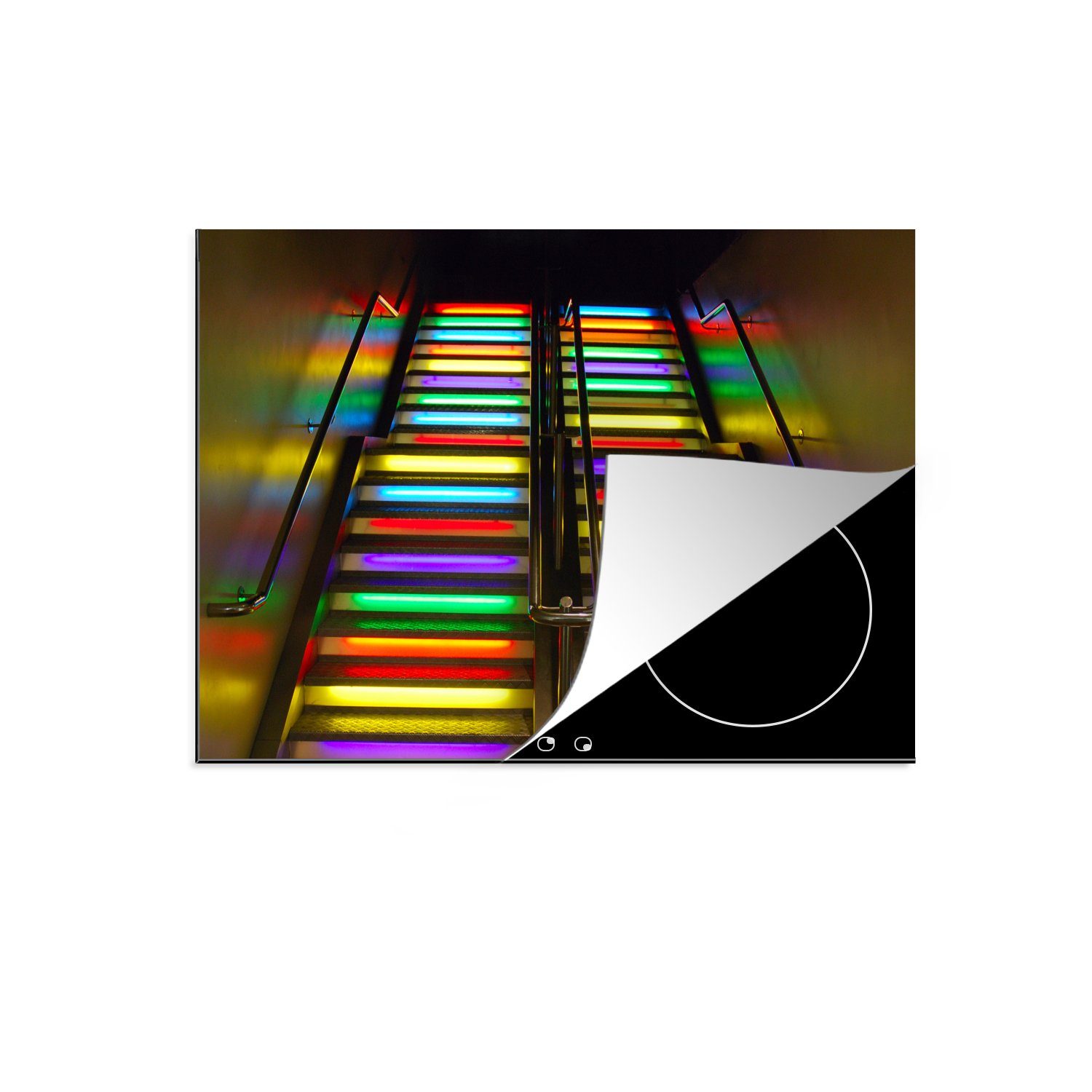MuchoWow Herdblende-/Abdeckplatte Beleuchtete Treppen in den Farben des Regenbogens, Vinyl, (1 tlg), 70x52 cm, Mobile Arbeitsfläche nutzbar, Ceranfeldabdeckung