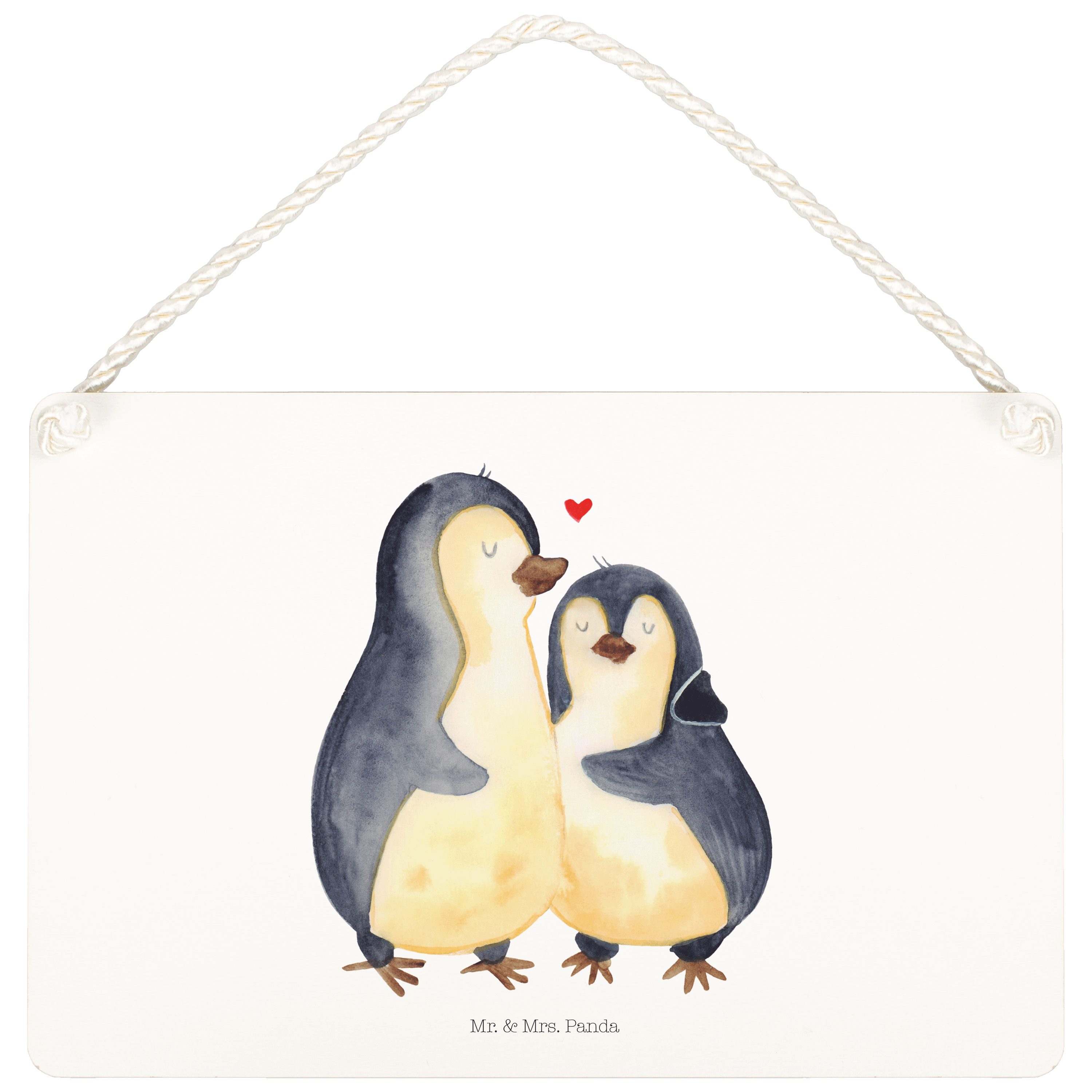 Mr. & Mrs. Panda Hinweisschild Pinguin umarmend - Weiß - Geschenk, Türschild, Liebe, Schild, Liebesp, (1 St)