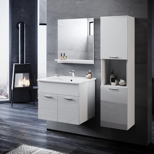 SONNI Badmöbel-Set »mit Waschbecken mit Unterschrank und Spiegel Badezimmermöbel mit Hochschrank 3-teilig 60cm Hochglanz Grau/Weiß für kleine Bäder«