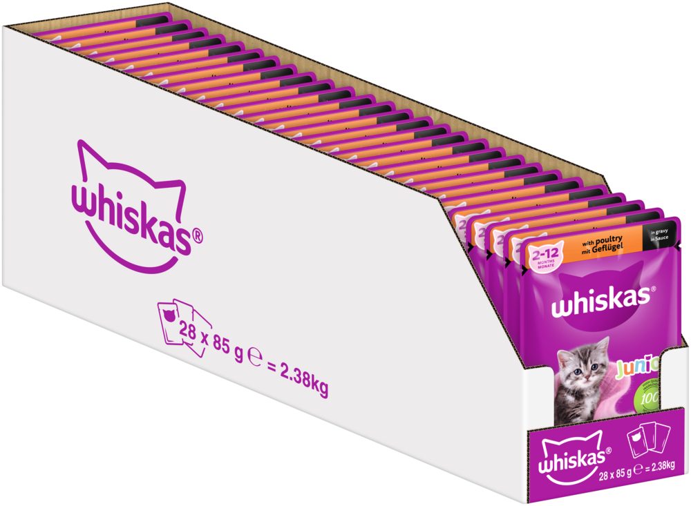 Whiskas WHISKAS® Portionsbeutel Junior mit Geflügel in Sauce 28 x 85g, Nassfutter für: Katze