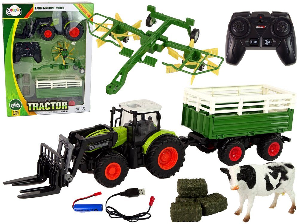 efaso RC-Traktor Set - Ferngesteuerter Traktor / Landmaschinen - Heuwender / Anhänger (Landwirtschaft, 6-tlg), / Heuballen / Kuh-Figur