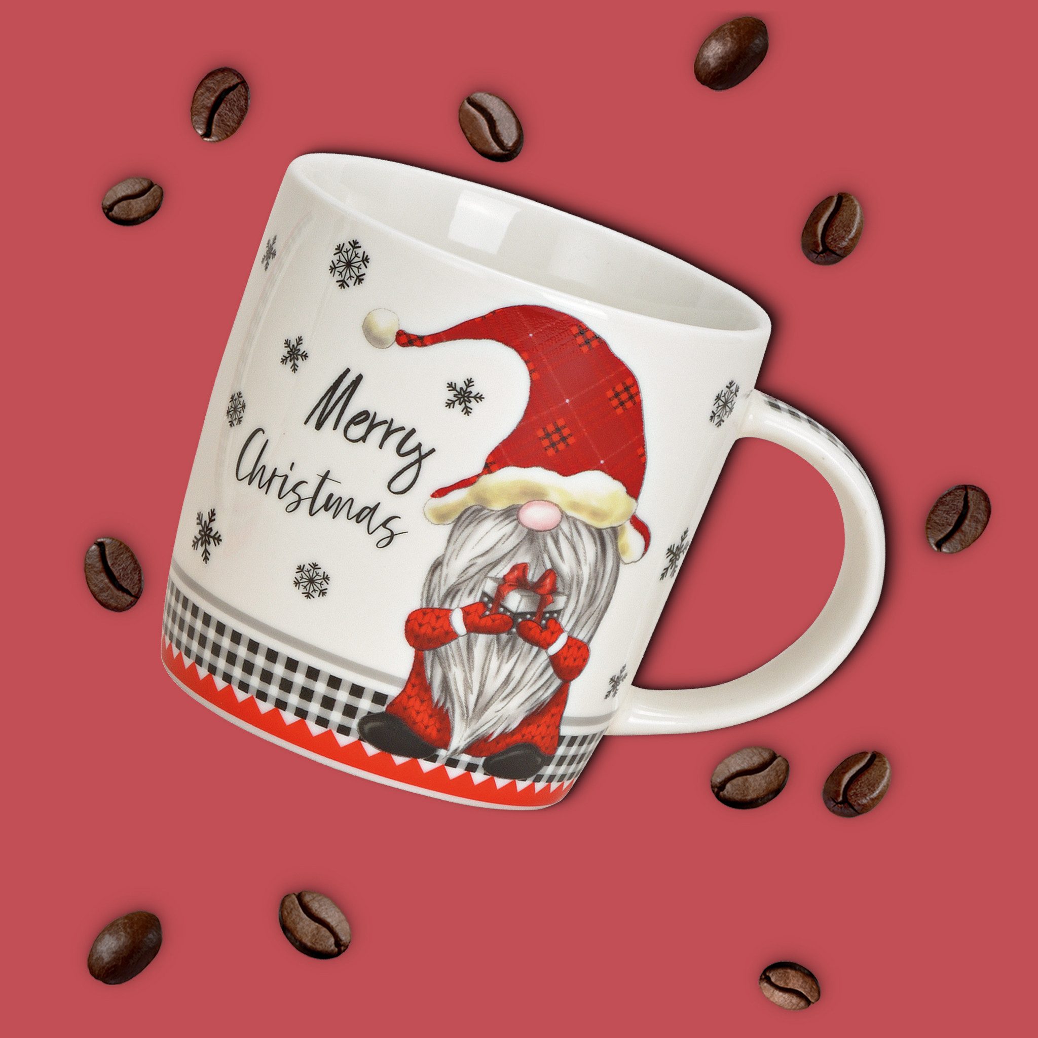 matches21 HOME & HOBBY Tasse Weihnachtstassen 2er Set mit Spruch Merry Christmas Wichtel, 2-tlg., Porzellan, Tee Kaffee-Becher, Weihnachten, modern, grau weiss rot, 340 ml