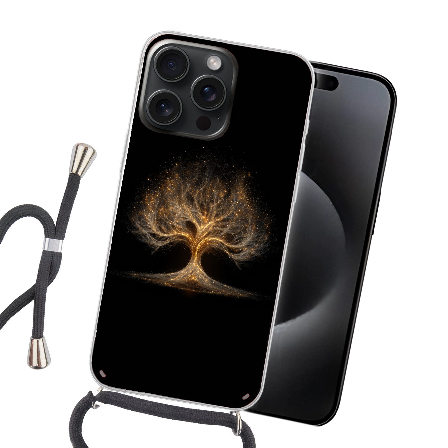 MuchoWow Handyhülle für Apple iPhone 15 Pro Lichter - Baum - Abstrakt - Schwarz, Tragbare Handyhüllen mit Kette zum umhängen, Handykette Handyband
