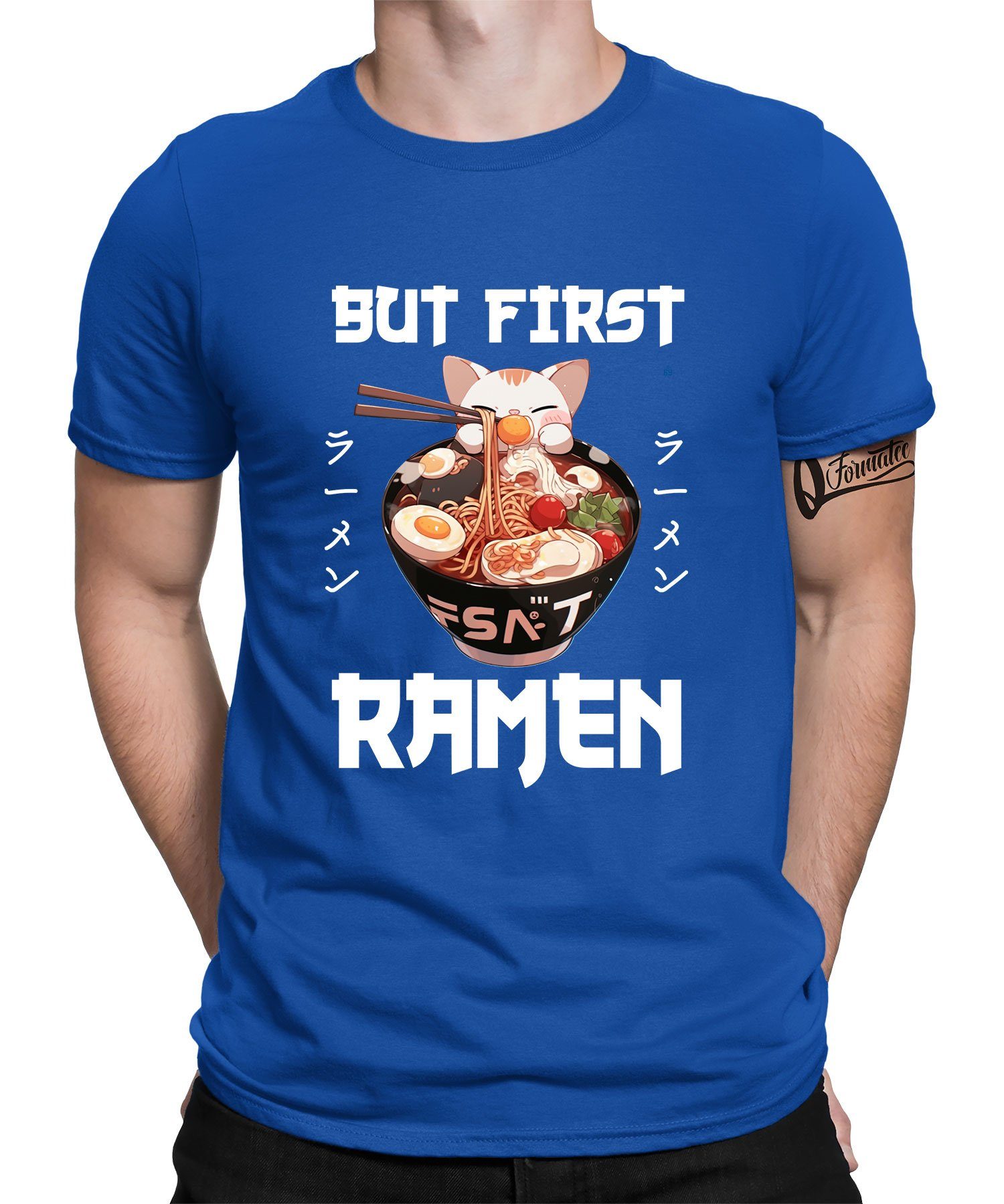 Quattro Formatee Kurzarmshirt Japanische Anime Katze First Ramen Nudeln Japan Herren T-Shirt (1-tlg) Blau
