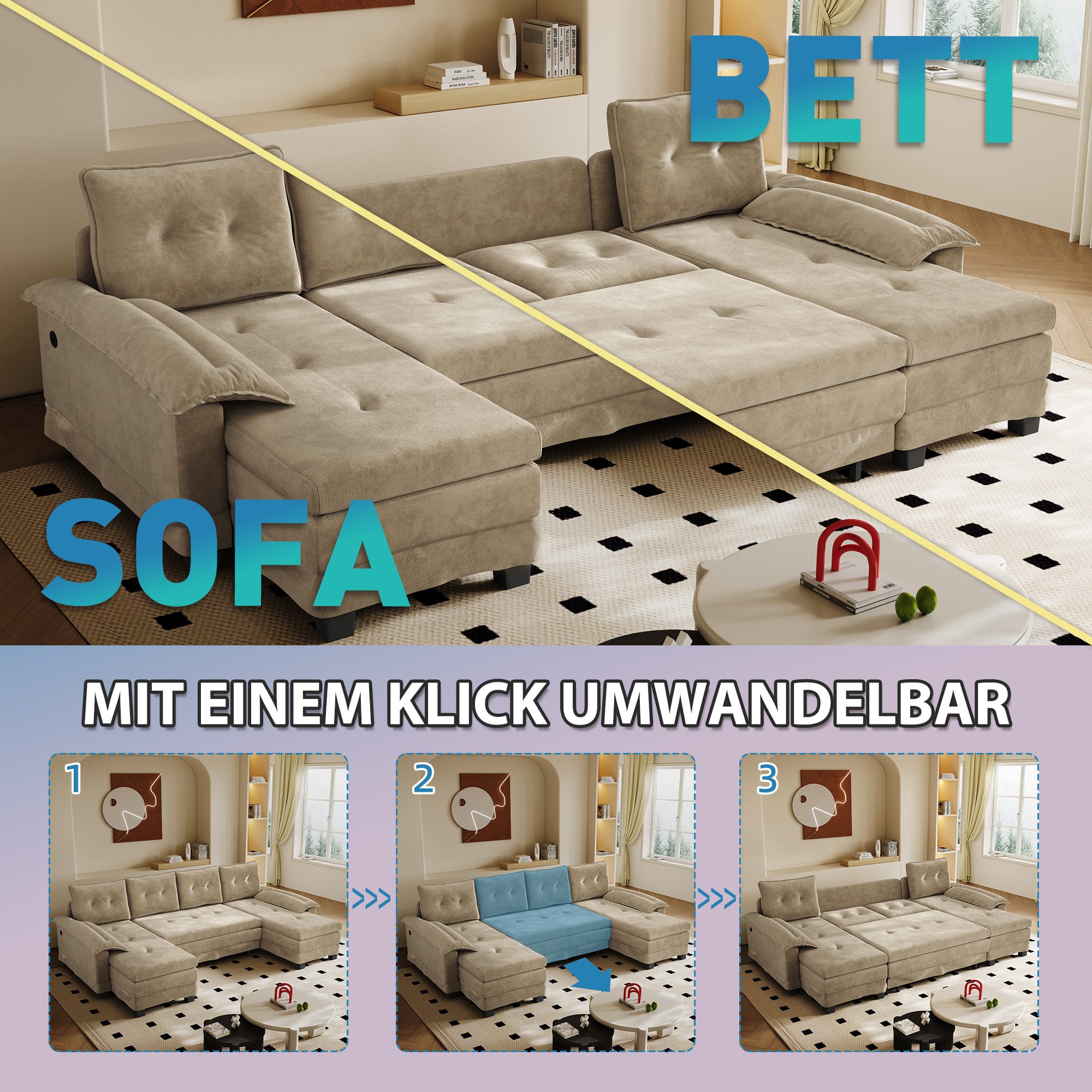 i@home Schlafsofa U-förmiges Sofa, mit Ausziehbett,USB-Ladefunktion, abnehmbaren Armlehnen, 4 Farben