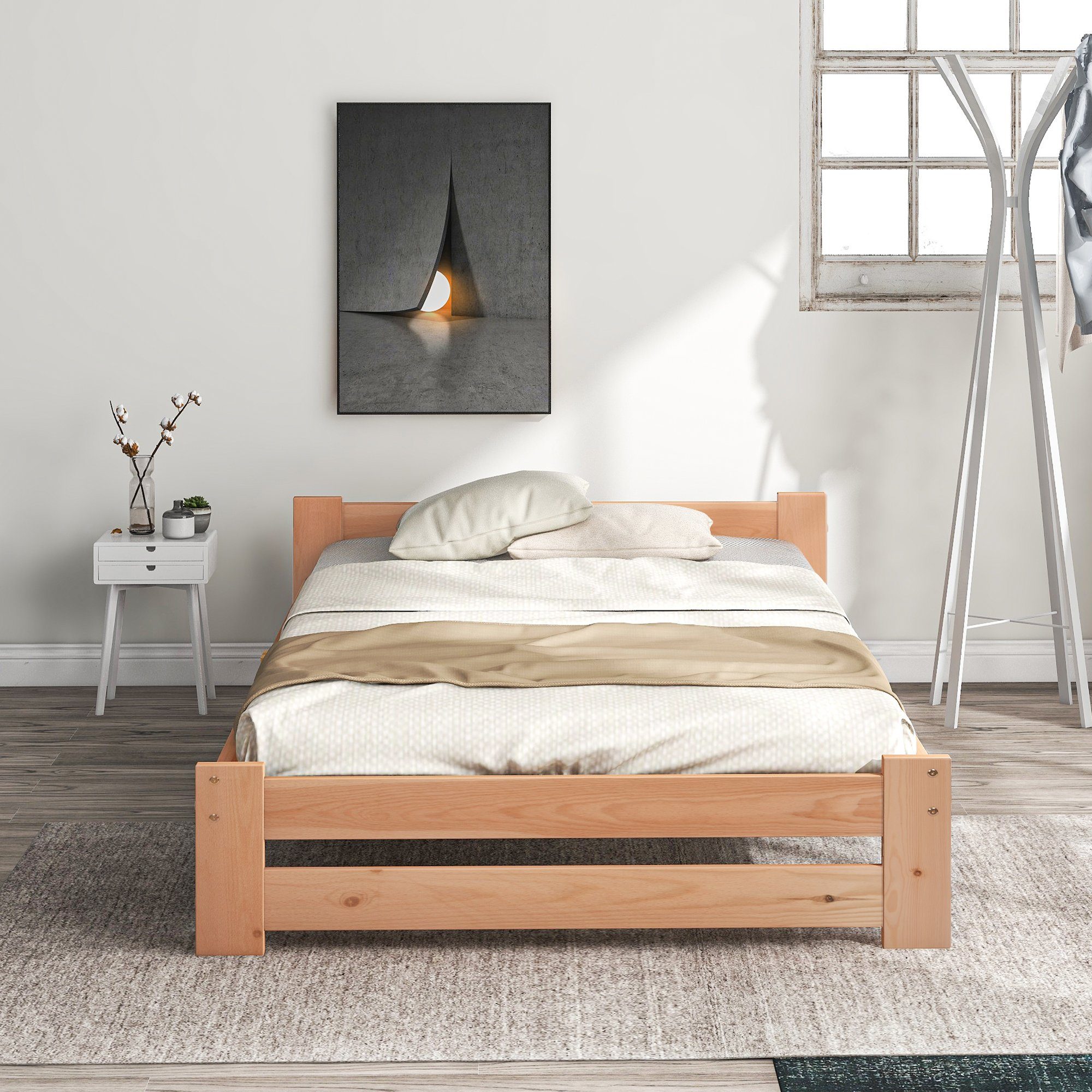 Futonbett, Massivholzbett Einzelbett mit Kopfteil und Lattenrost, 200x90cm