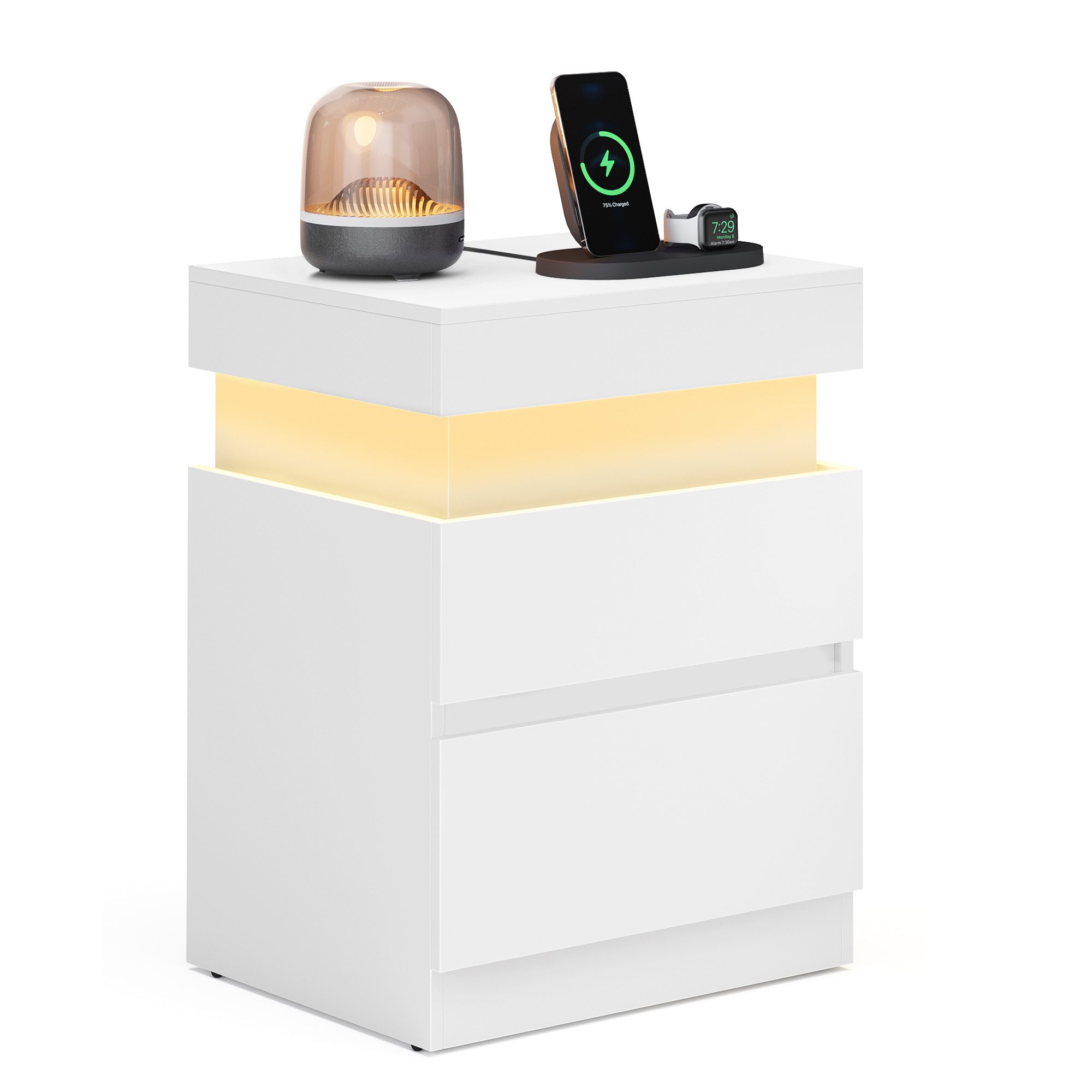 VASAGLE Nachttisch, Beistelltisch mit Ladestation, Nachttisch mit Beleuchtung, Steckdosen