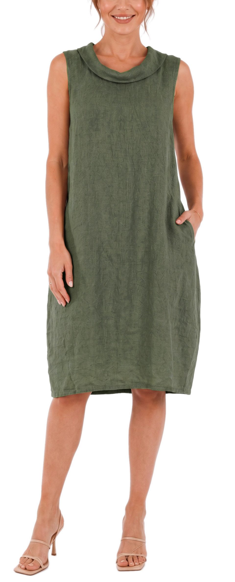 dy_mode Midikleid Damen Leinenkleid Luftiges Midi Sommerkleid Ballonkleid Strandkleid in Unifarbe, Wasserfallkragen, mit seitlichen Eingriffstaschen
