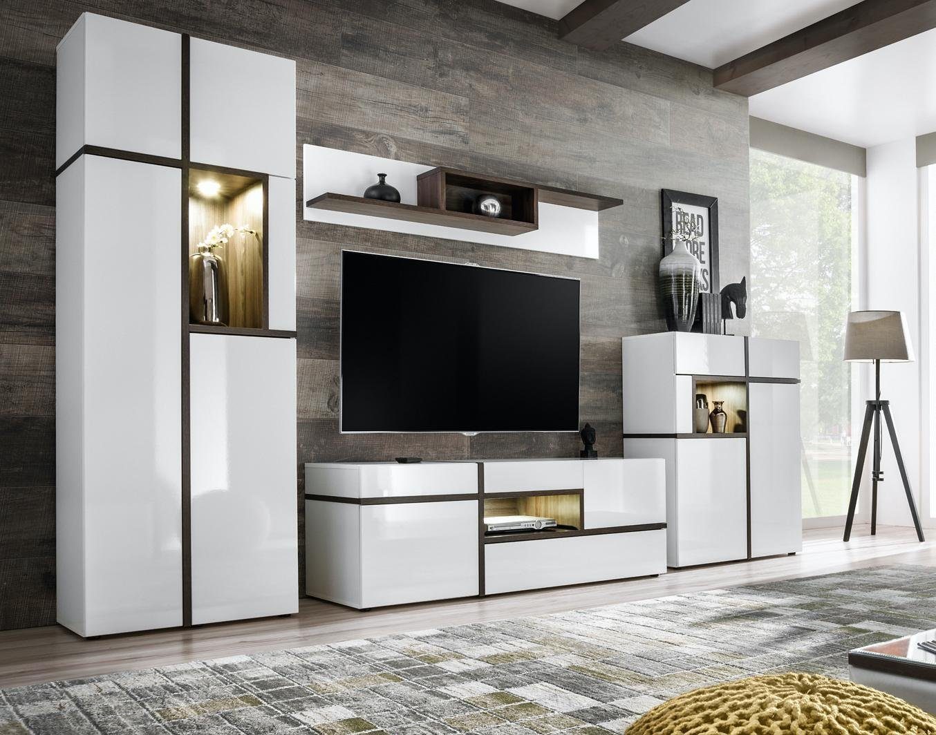 JVmoebel Wohnzimmer-Set Modern Wohnwände Set Weiß Holz Möbel Schrank TV-Ständer, (4-St., TV-Ständer/Regal/2x Schrank), Made in Europa