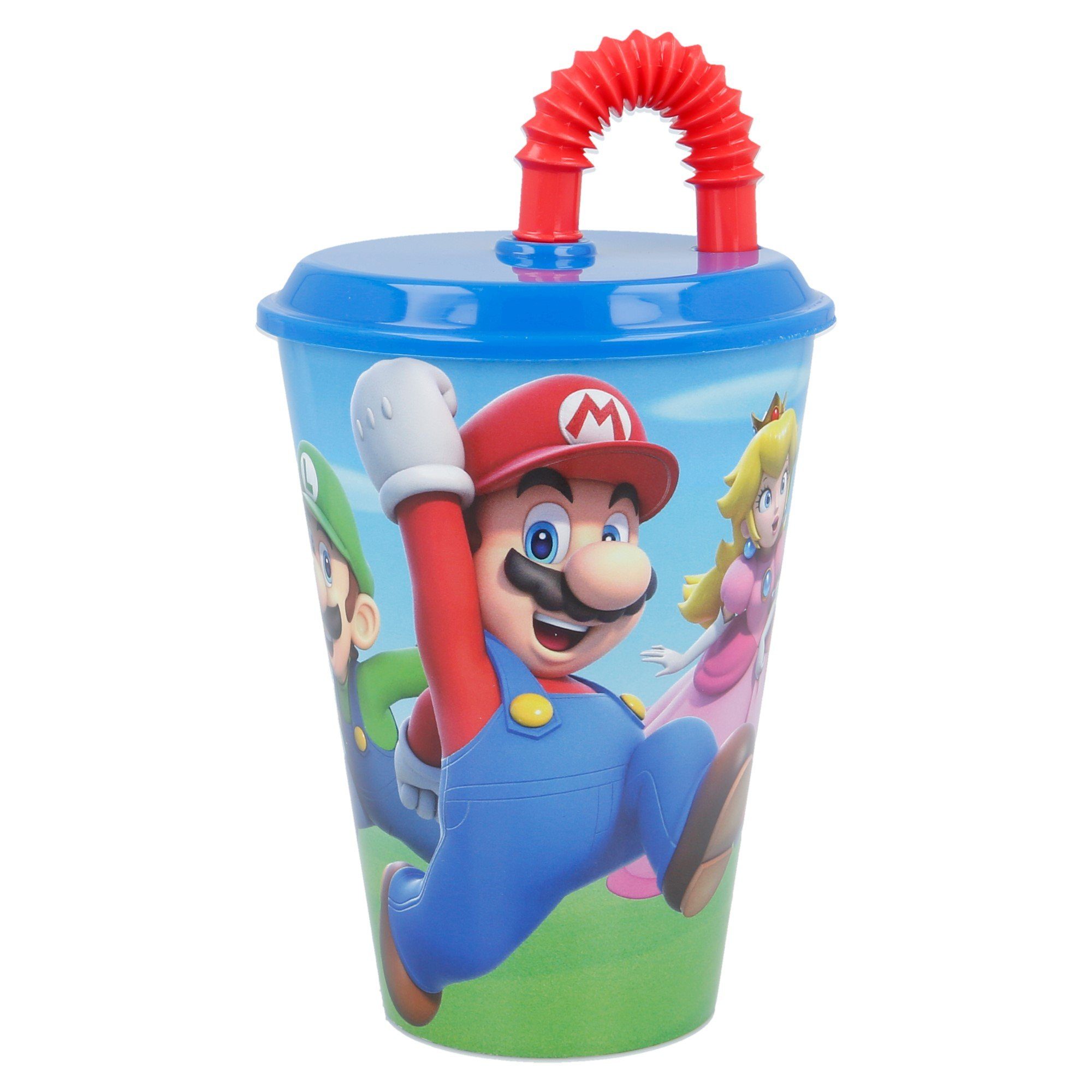 Super Mario Kinderbecher, Kunststoff, mit Deckel und Trinkhalm 430 ml BPA frei