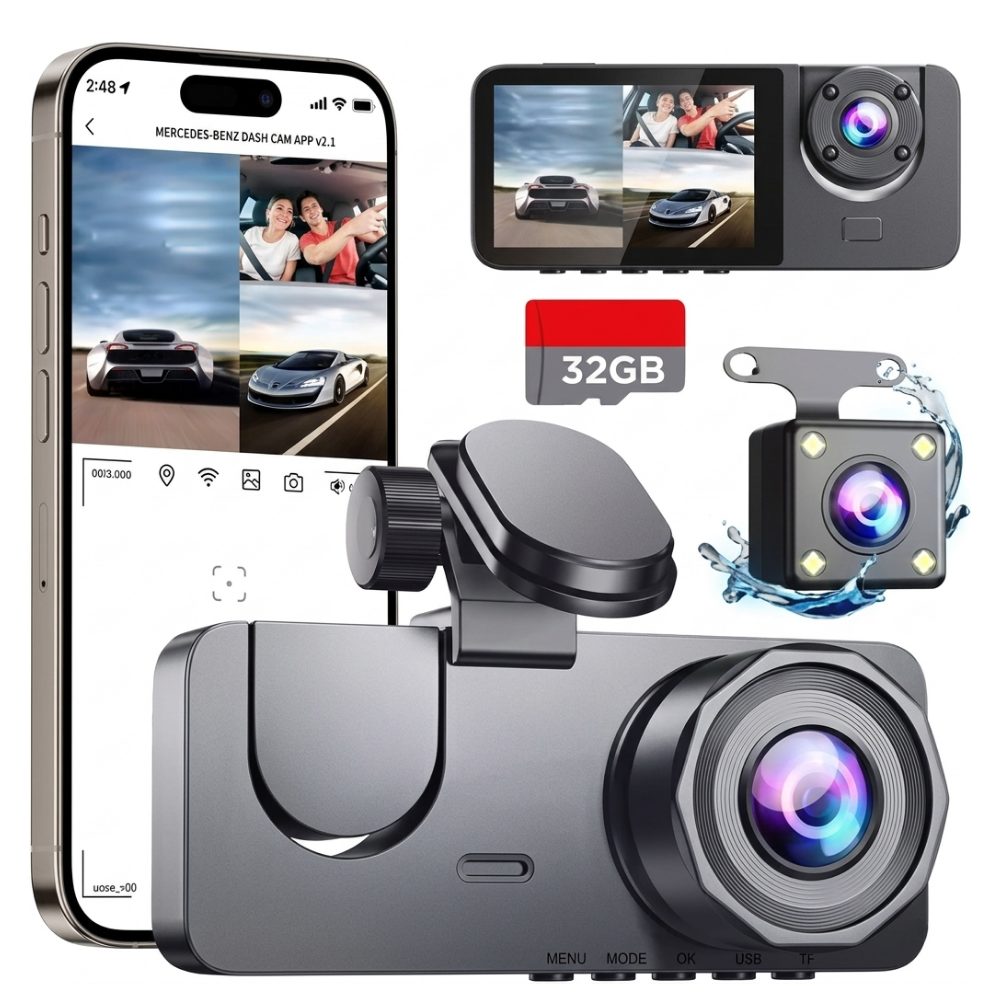 Athlix Dashcam Dreifach-Linsen Autokamera-Rekorder Dash Cam Dashcam (1080P, Loop-Cycle-Aufnahmefunktion, NightShot-Funktion)