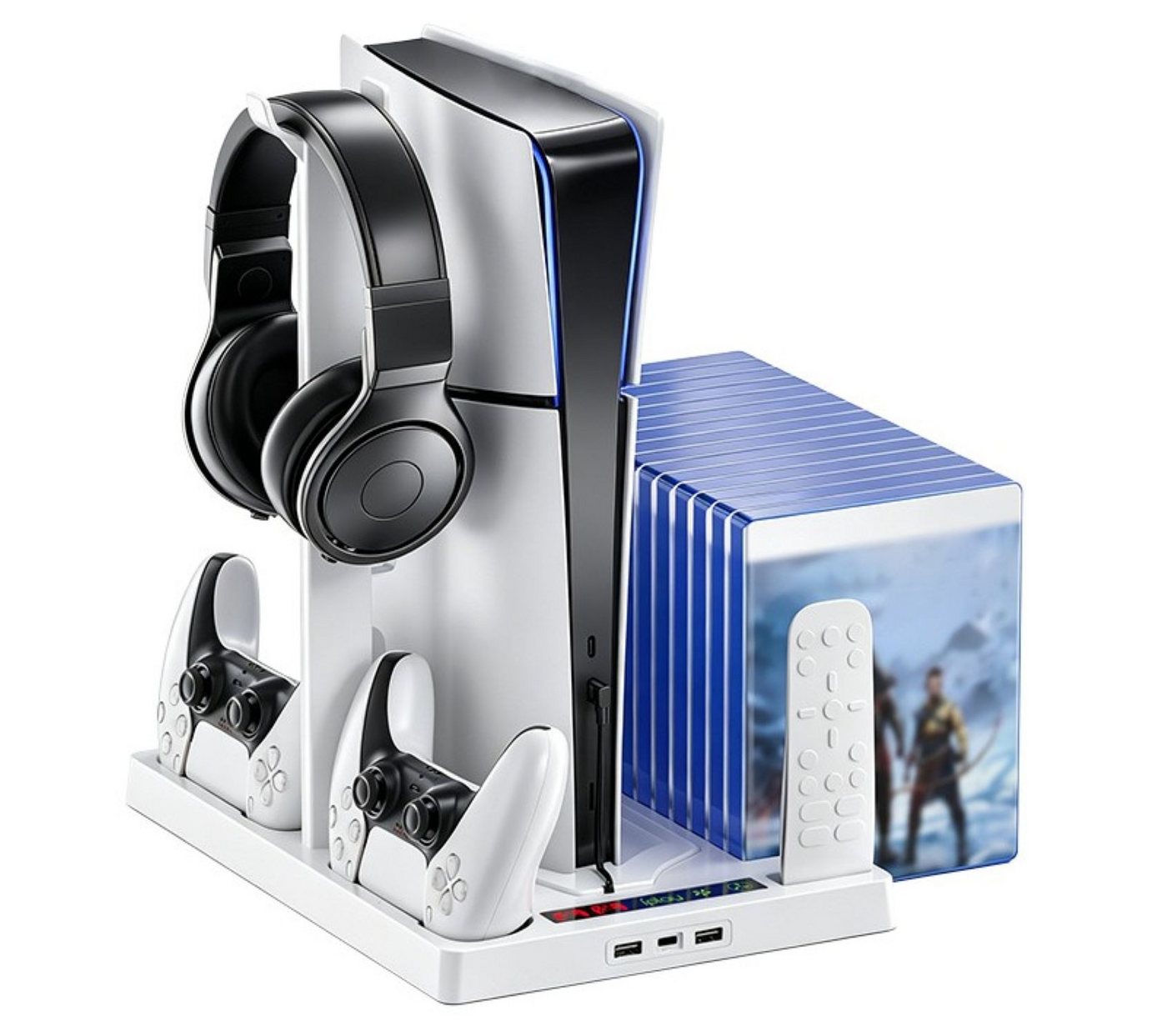 BBG PS5 Kühlständer für PS5,PS5 Slim & PS5 Pro, Multifunktions-Ladestation Ladestation (für PS5, PS5 Slim und PS5 Pro (Digital & Disc), 2 Controller-Ladeplätze, Headset-Halterung, Spielehalterung)
