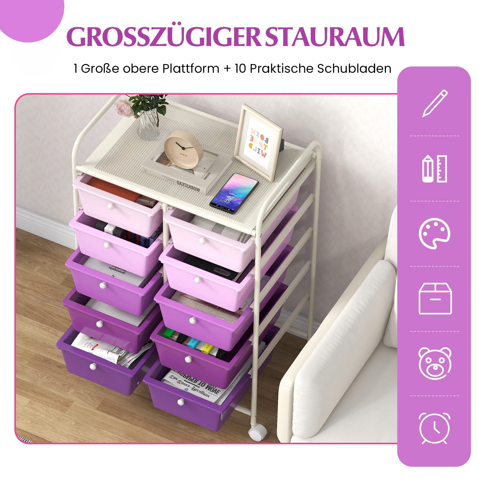 COSTWAY Rollwagen, mit 10 stapelbaren Schubladen&Ablage, Metall, 65,5x37x87cm
