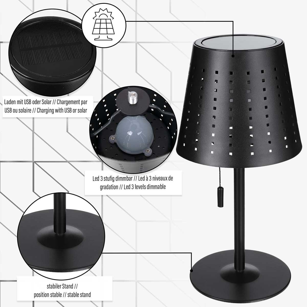 3fach Schnurschalter, fest Tischleuchte Tischleuchte schwarz Vinces Kiom S über LED-Leuchtmittel cm 29,5 dimmbar verbaut, warmweiß Metall, Solar LED,