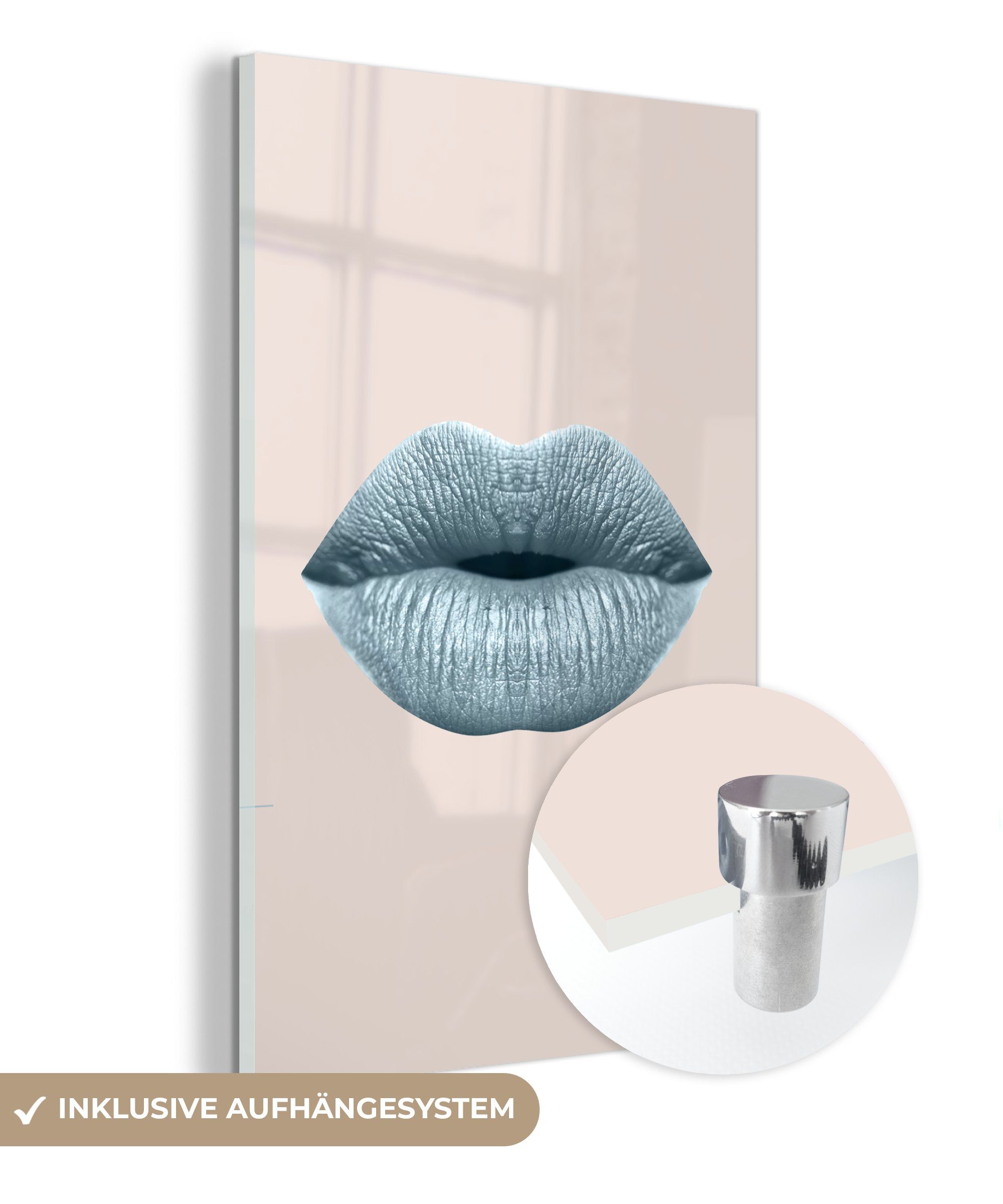 MuchoWow Acrylglasbild Lippen - Pastell - Grau, (1 St), Glasbilder - Bilder auf Glas Wandbild - Foto auf Glas - Wanddekoration