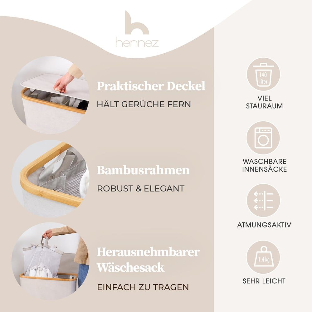 HENNEZ Wäschekorb Bambus mit Deckel 2 günstig online kaufen