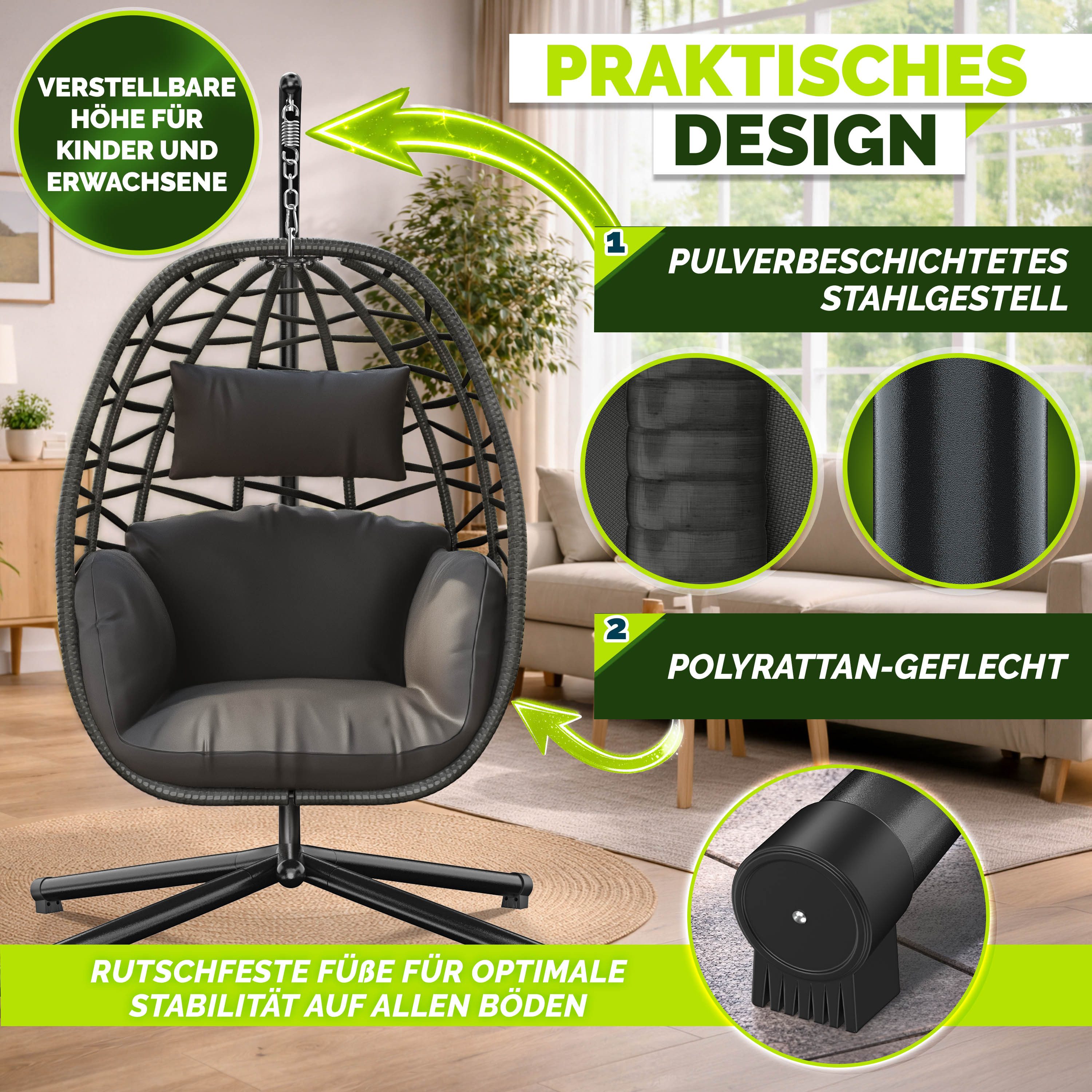 tillvex Hängesessel tillvex® Swivo Hängesessel mit Gestell inkl. wetterfester Abdeckung (Hängekorb klappbar bis 150 kg, Hängesitz aus Rattan, Hängestuhl für Ind – Bild 5 von 5